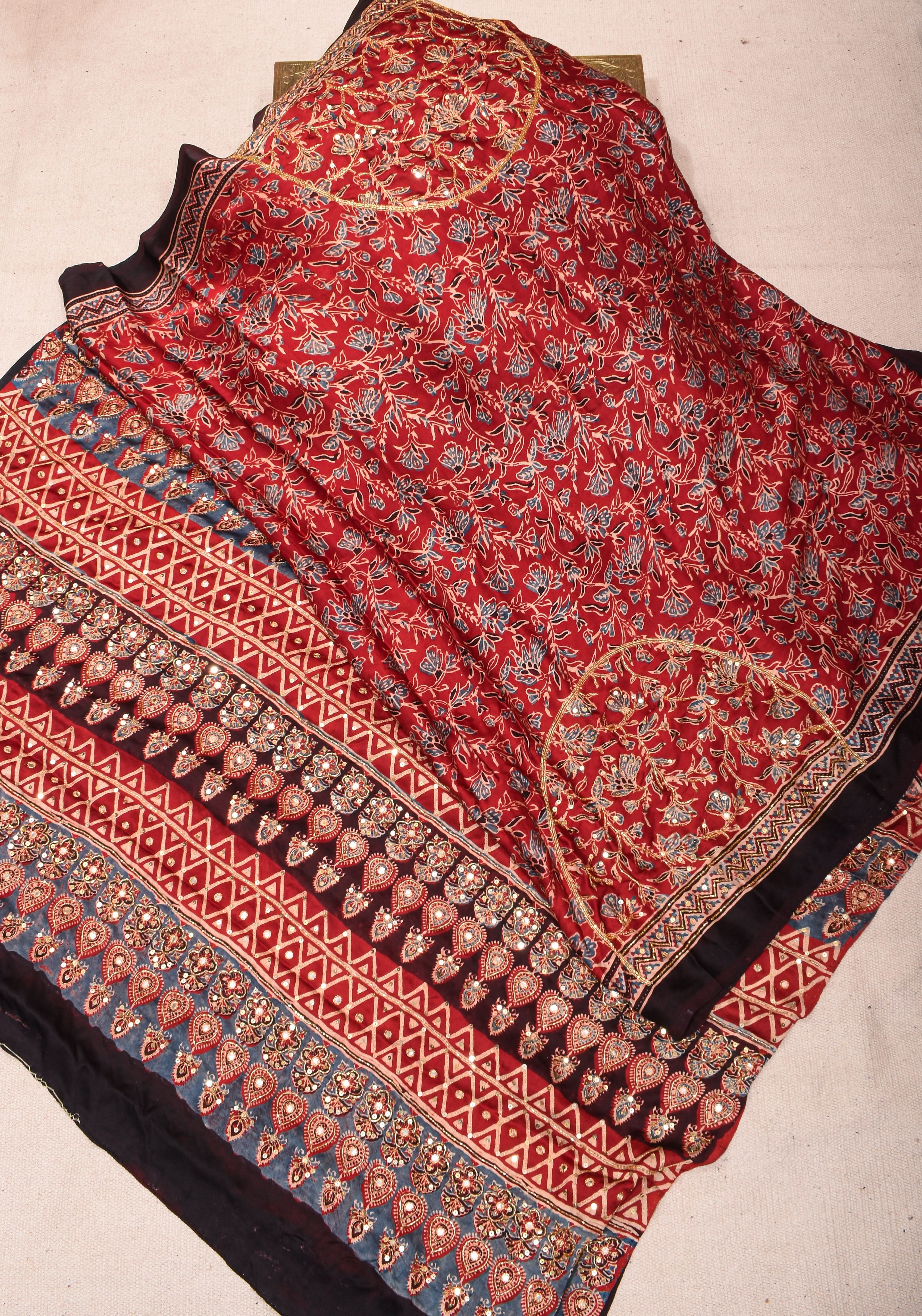 Red Ajrakh Hand Block Print on Modal Silk Saree with Cutdana & Sequins Work | Shobitam