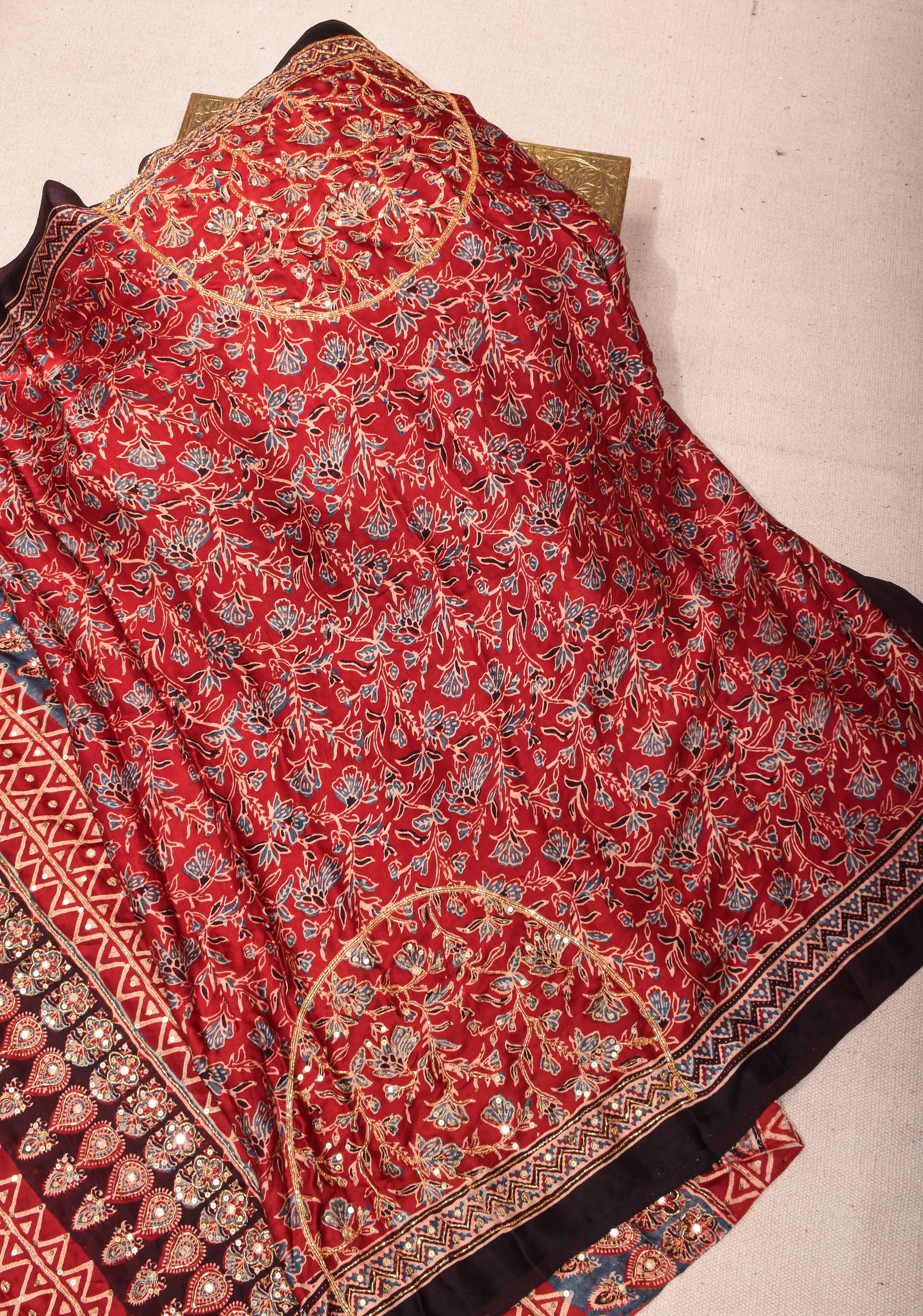 Red Ajrakh Hand Block Print on Modal Silk Saree with Cutdana & Sequins Work | Shobitam