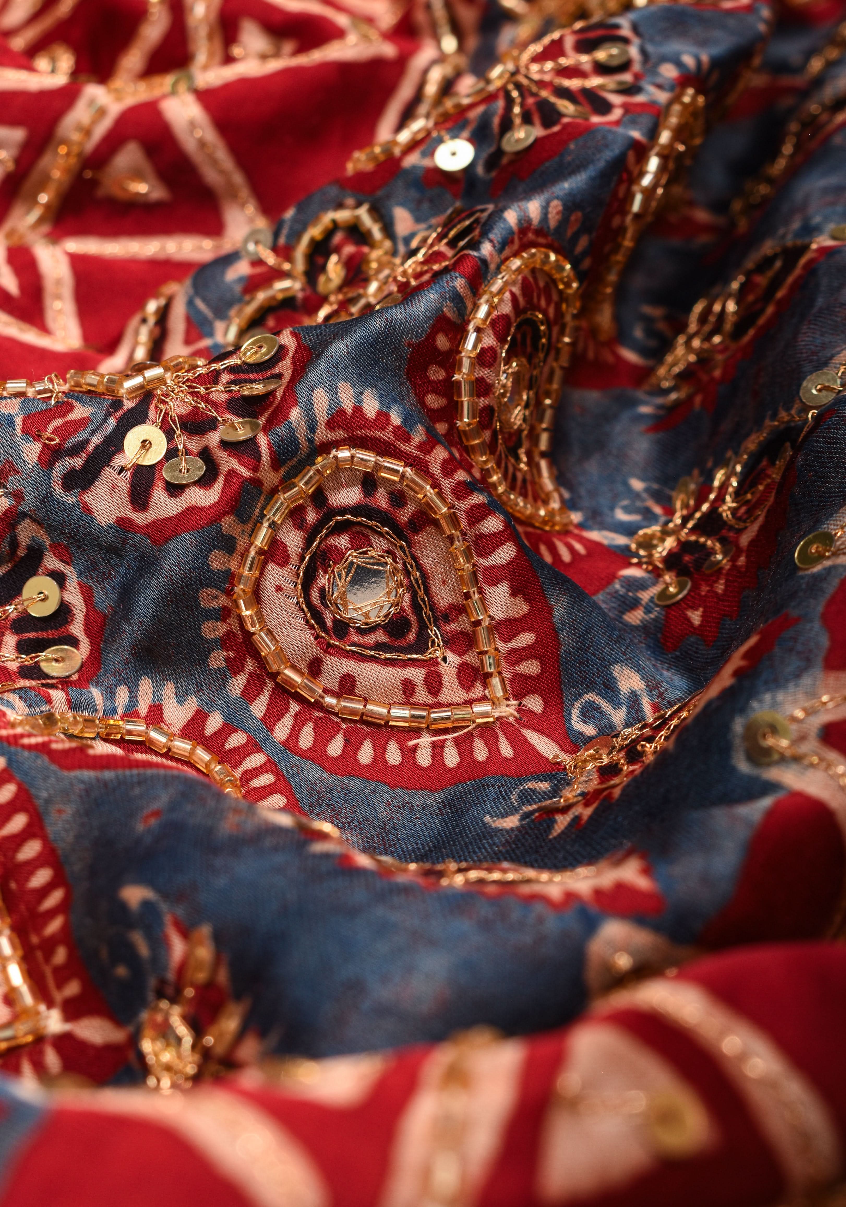 Red Ajrakh Hand Block Print on Modal Silk Saree with Cutdana & Sequins Work | Shobitam