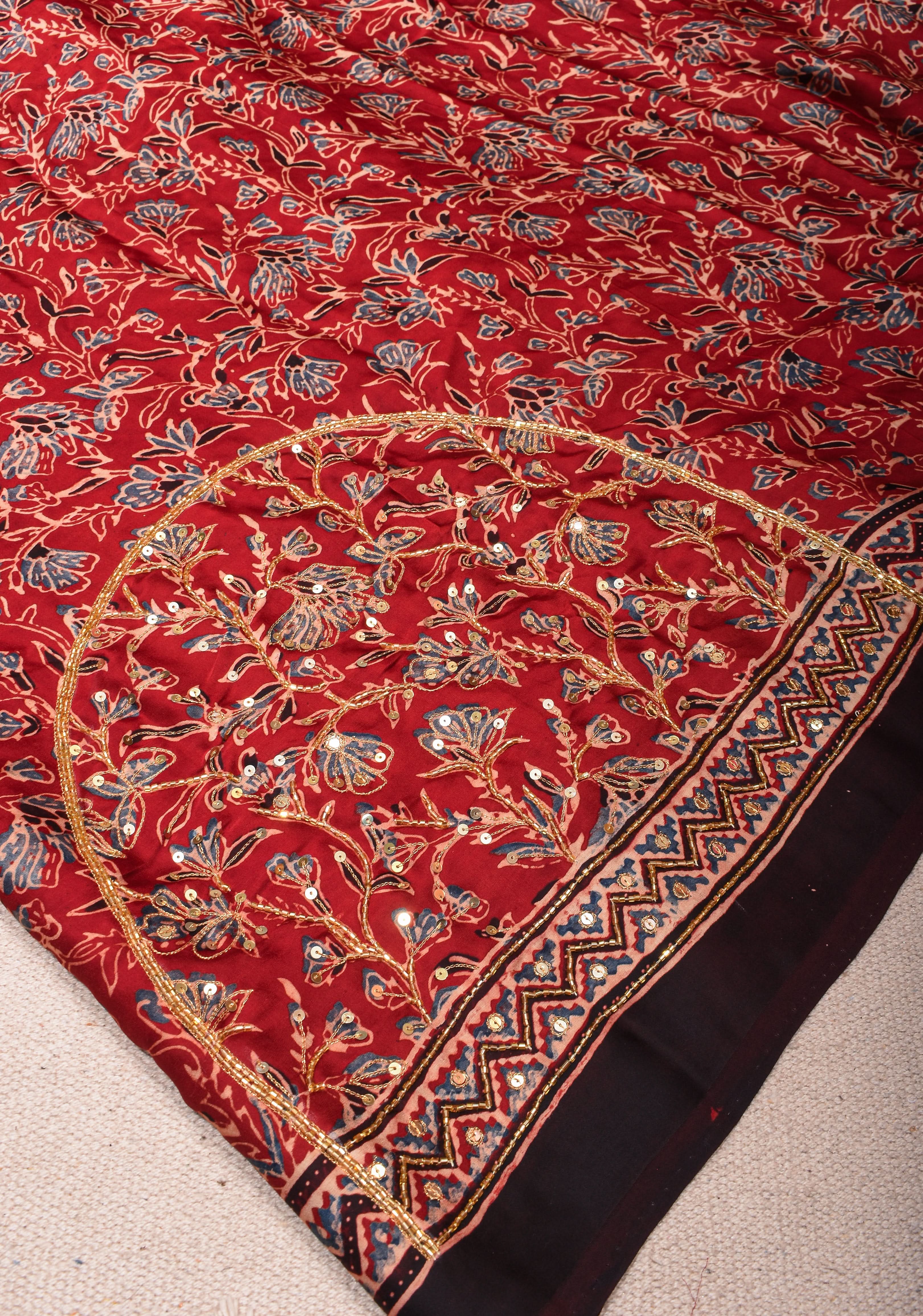 Red Ajrakh Hand Block Print on Modal Silk Saree with Cutdana & Sequins Work | Shobitam