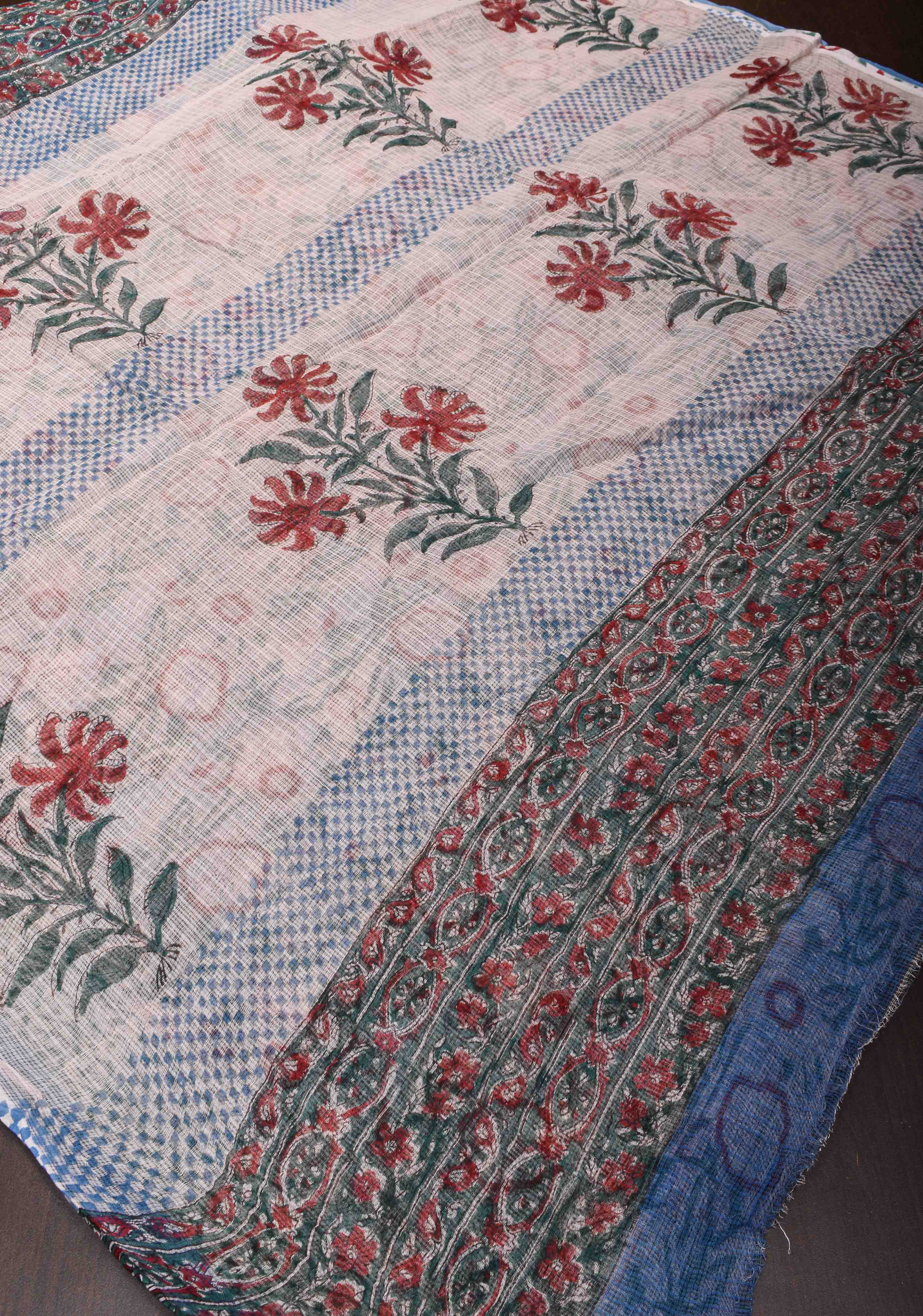 Bluebell Blue Kota Doria Cotton Saree with Sanganeri Hand Block Print and minimal Zari border | Shobitam