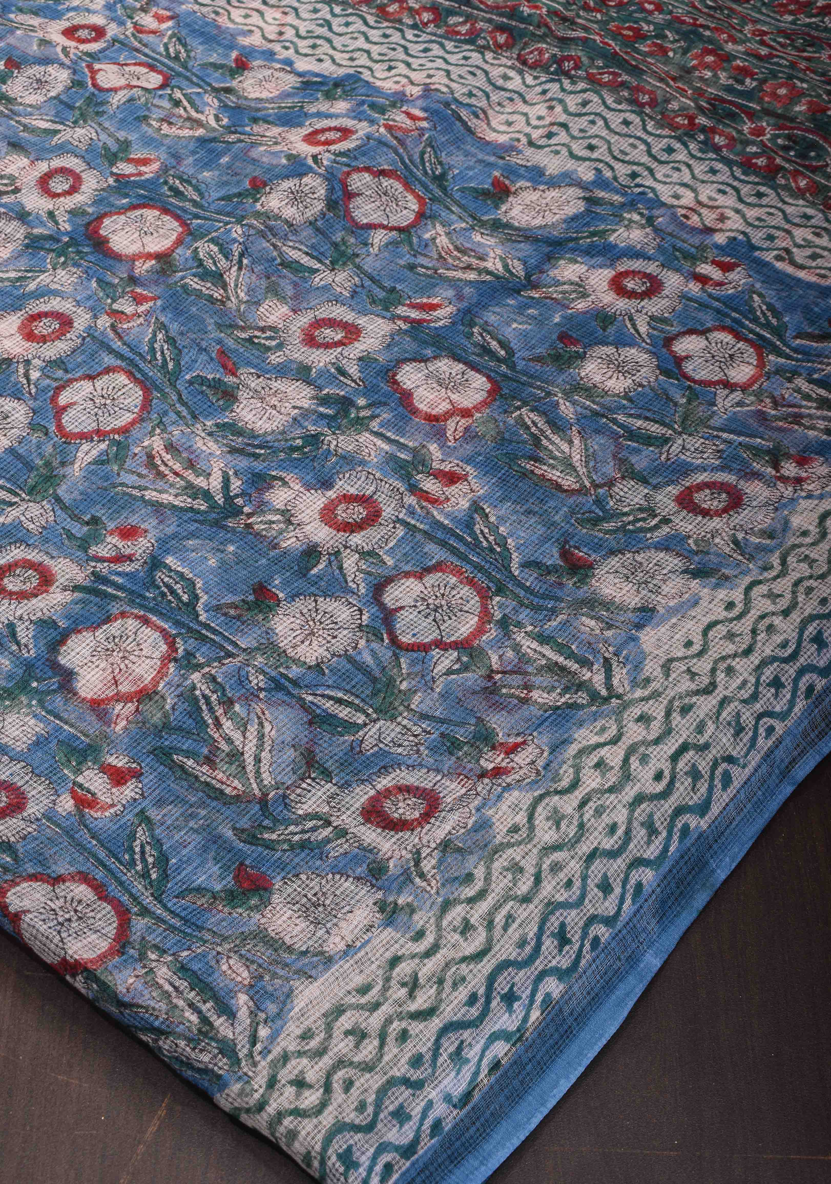 Bluebell Blue Kota Doria Cotton Saree with Sanganeri Hand Block Print and minimal Zari border | Shobitam