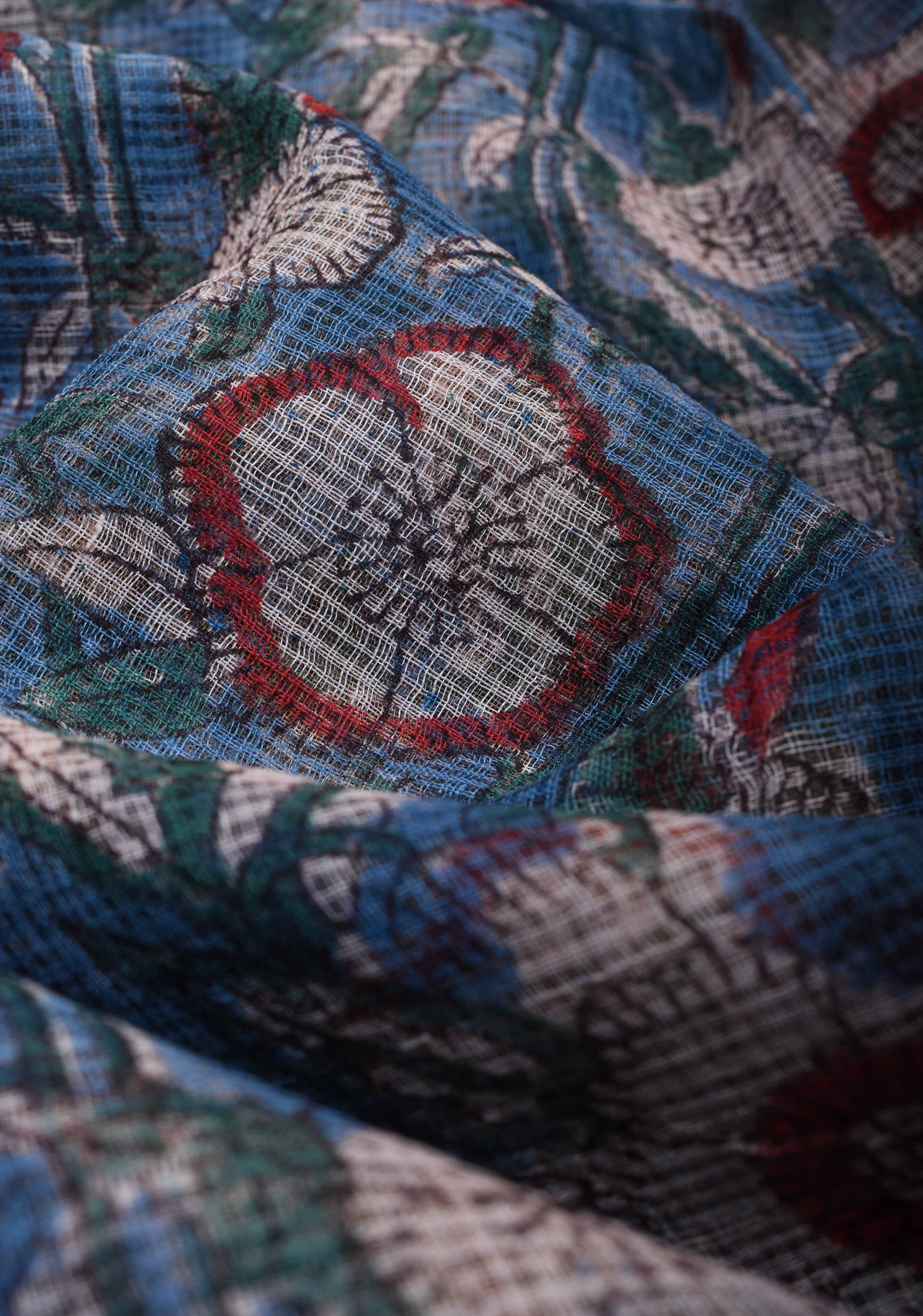 Bluebell Blue Kota Doria Cotton Saree with Sanganeri Hand Block Print and minimal Zari border | Shobitam