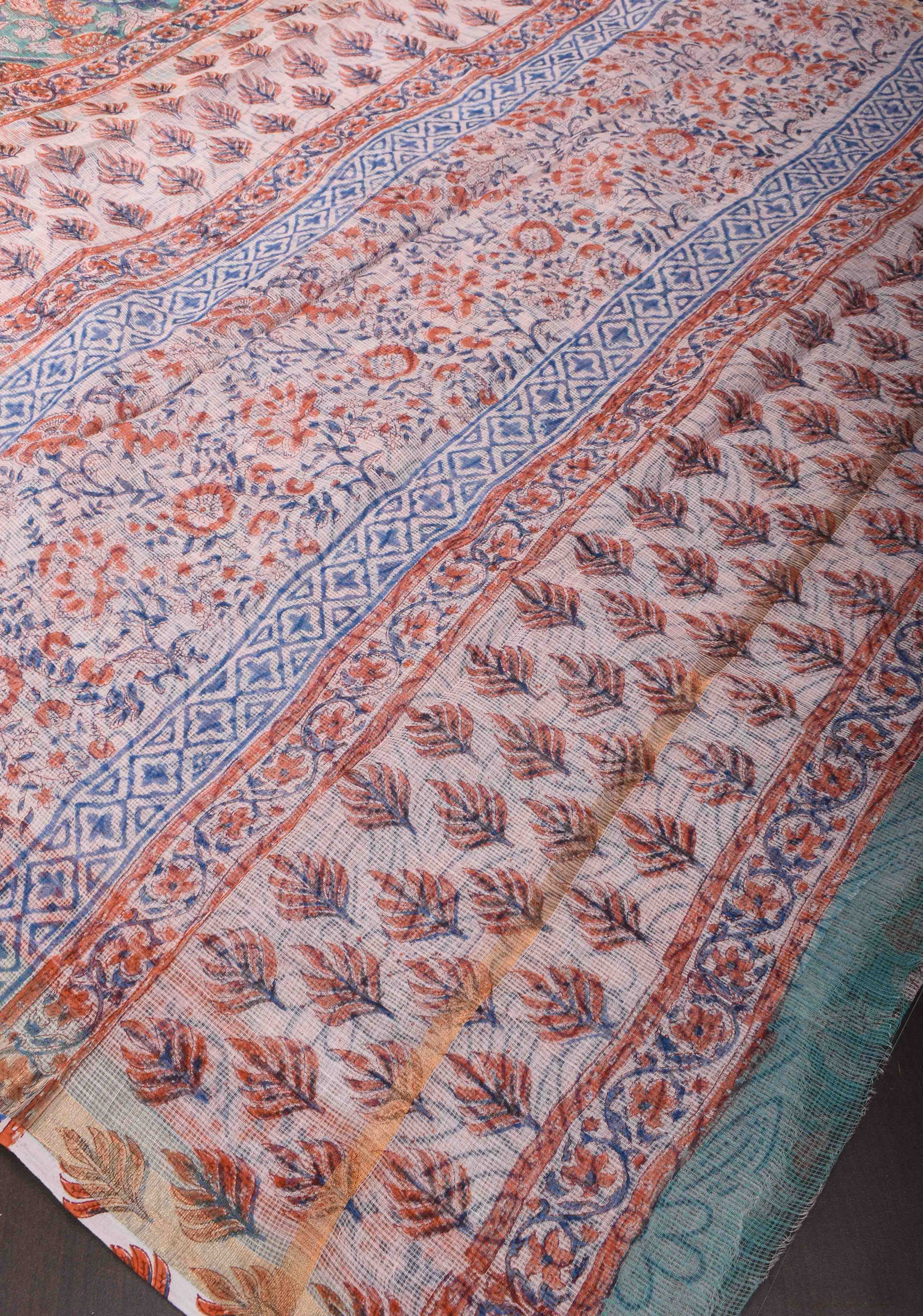 Blue Kota Doria Cotton Saree with Sanganeri Hand Block Print | Shobitam