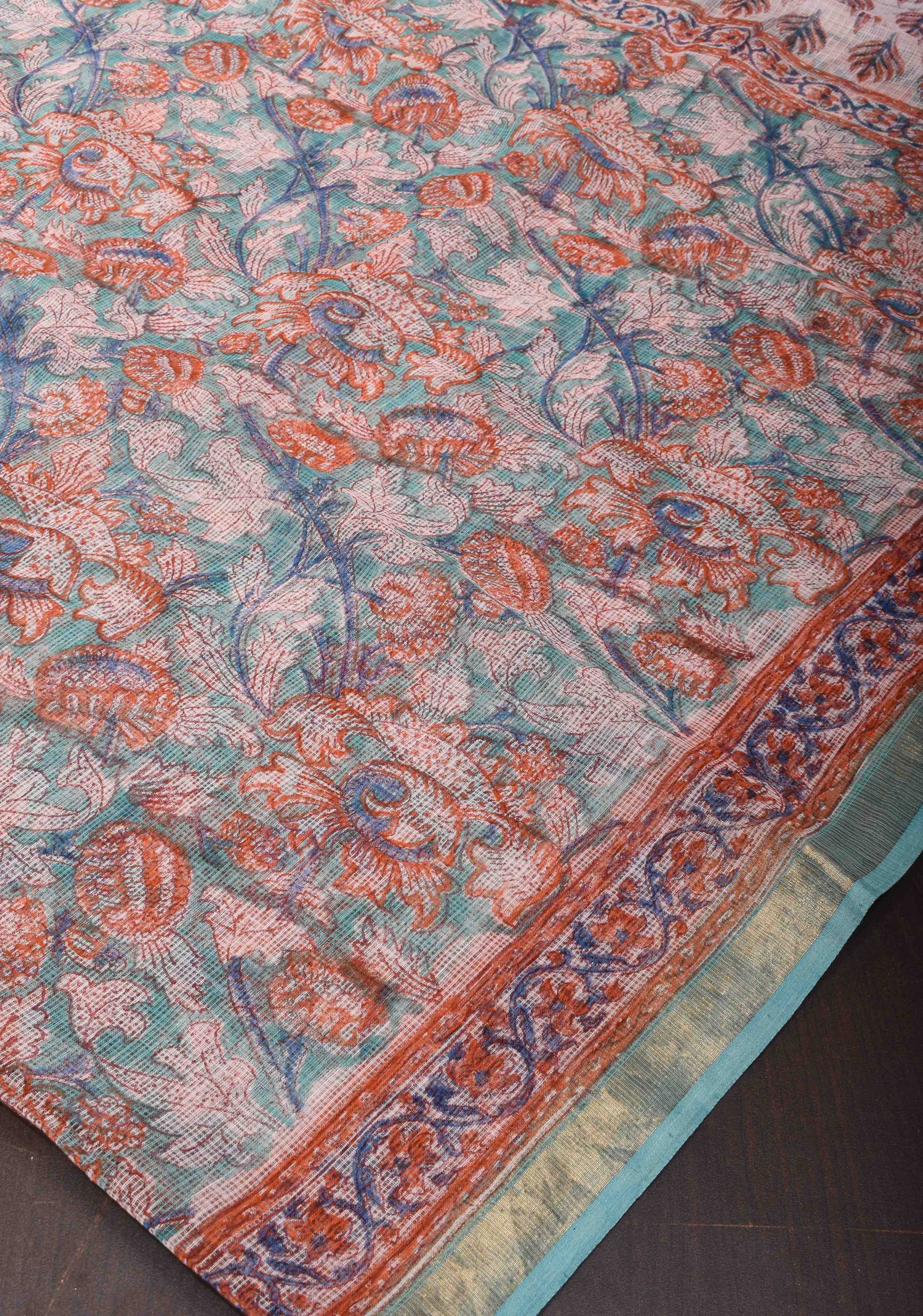 Blue Kota Doria Cotton Saree with Sanganeri Hand Block Print | Shobitam
