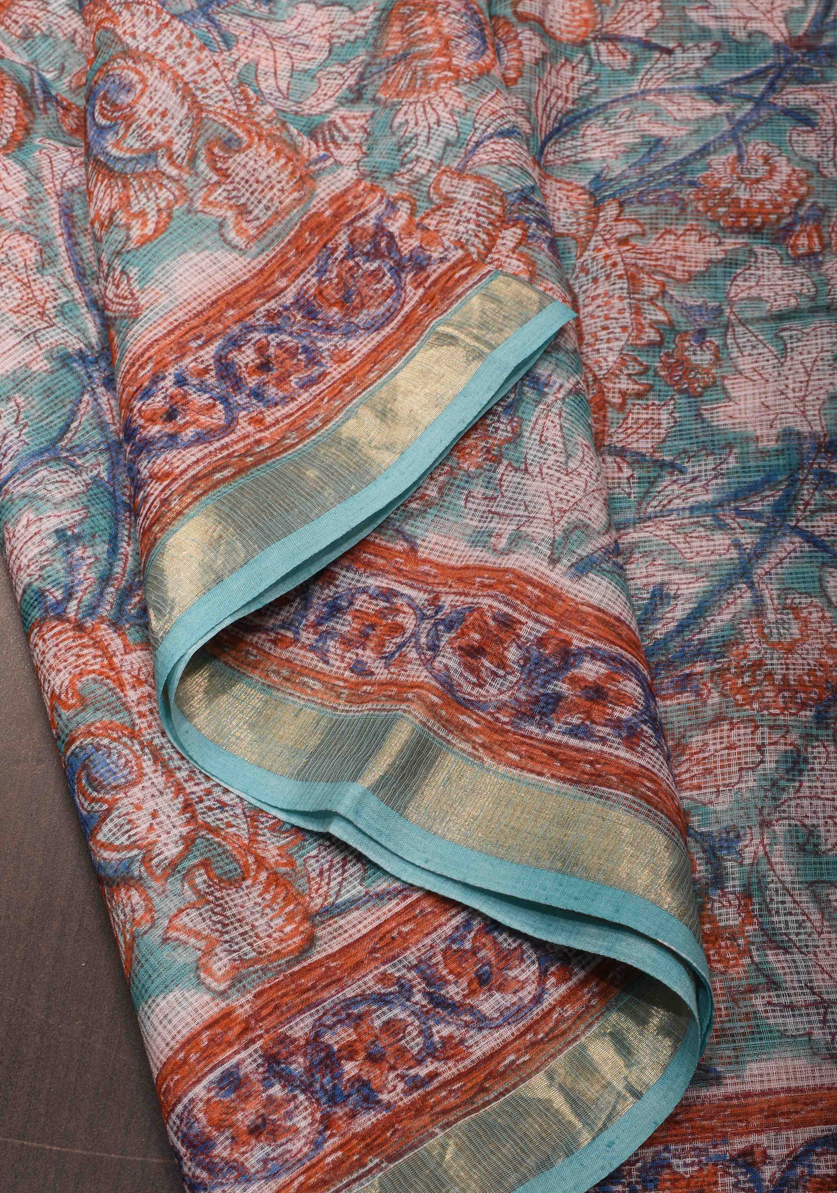 Blue Kota Doria Cotton Saree with Sanganeri Hand Block Print | Shobitam