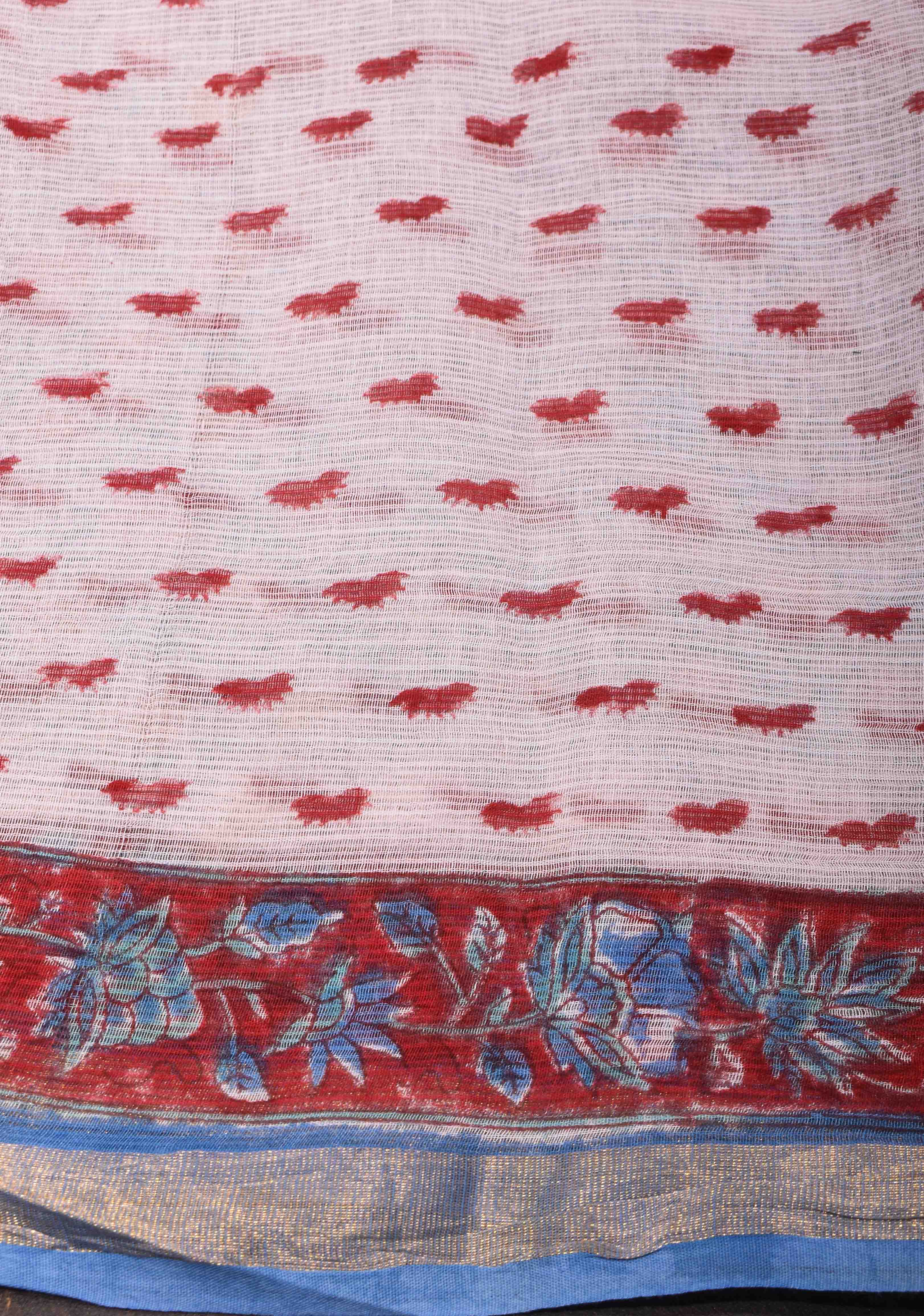 Blue Kota Doria Cotton Saree with Sanganeri Hand Block Print | Shobitam