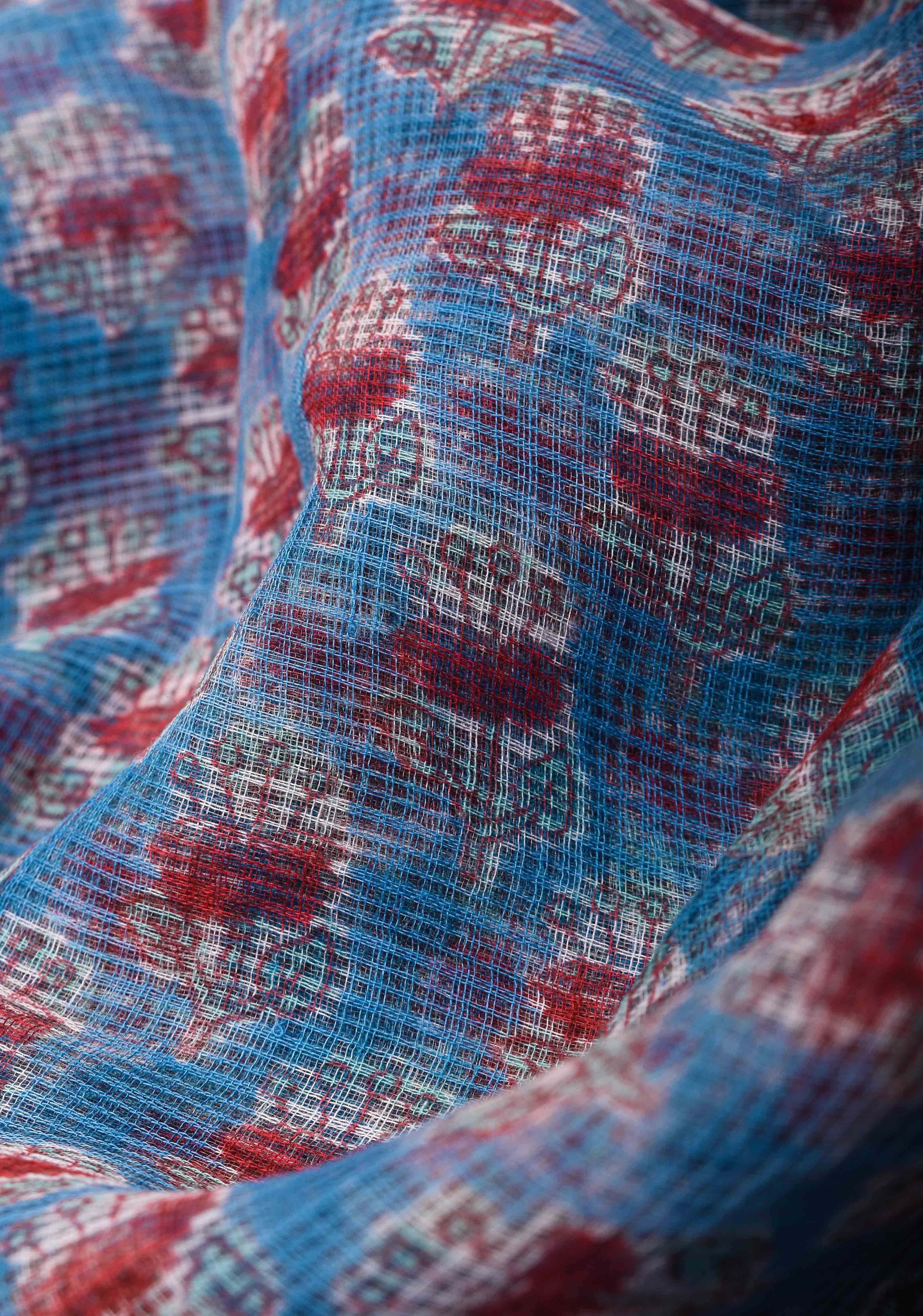 Blue Kota Doria Cotton Saree with Sanganeri Hand Block Print | Shobitam