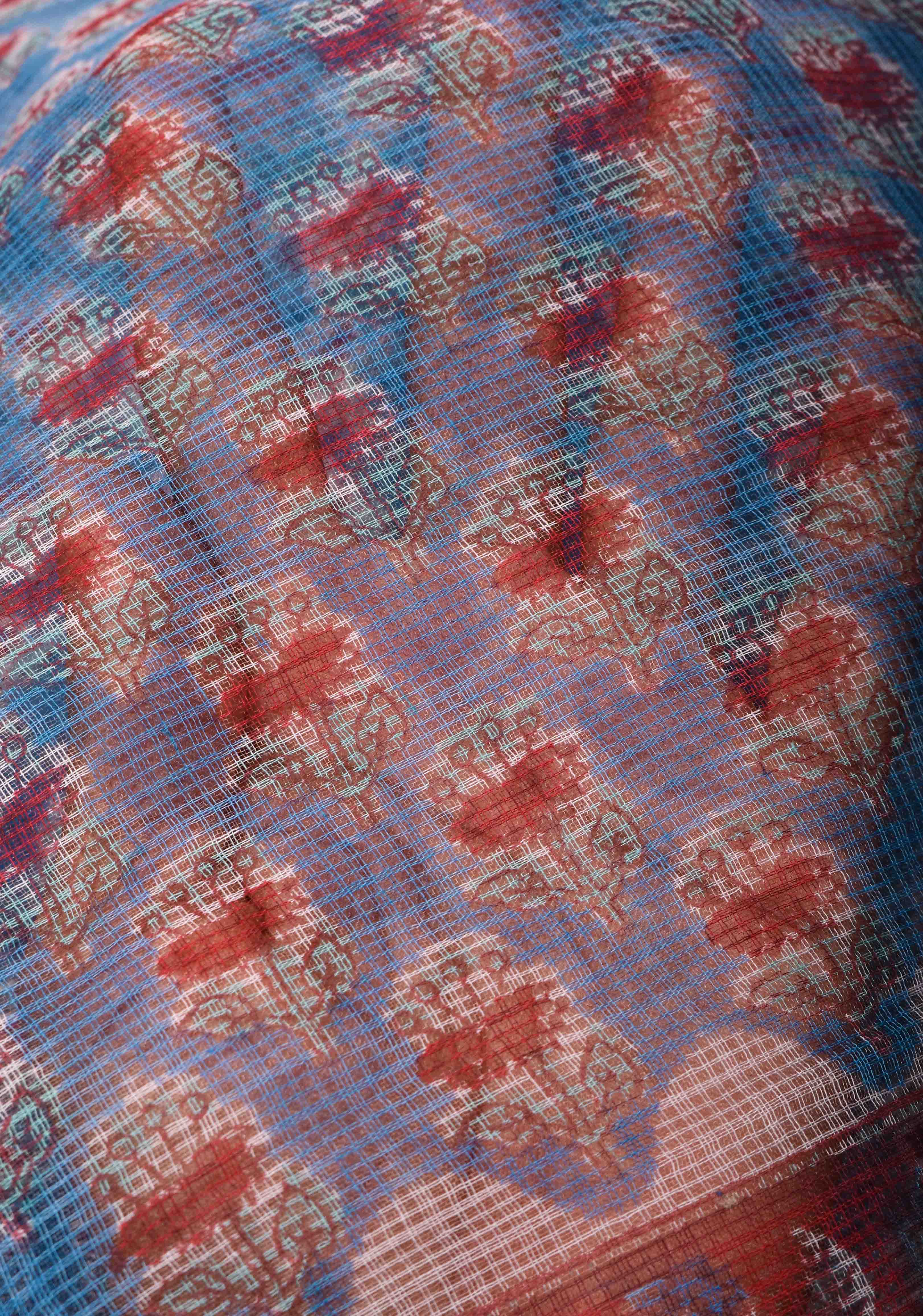 Blue Kota Doria Cotton Saree with Sanganeri Hand Block Print | Shobitam