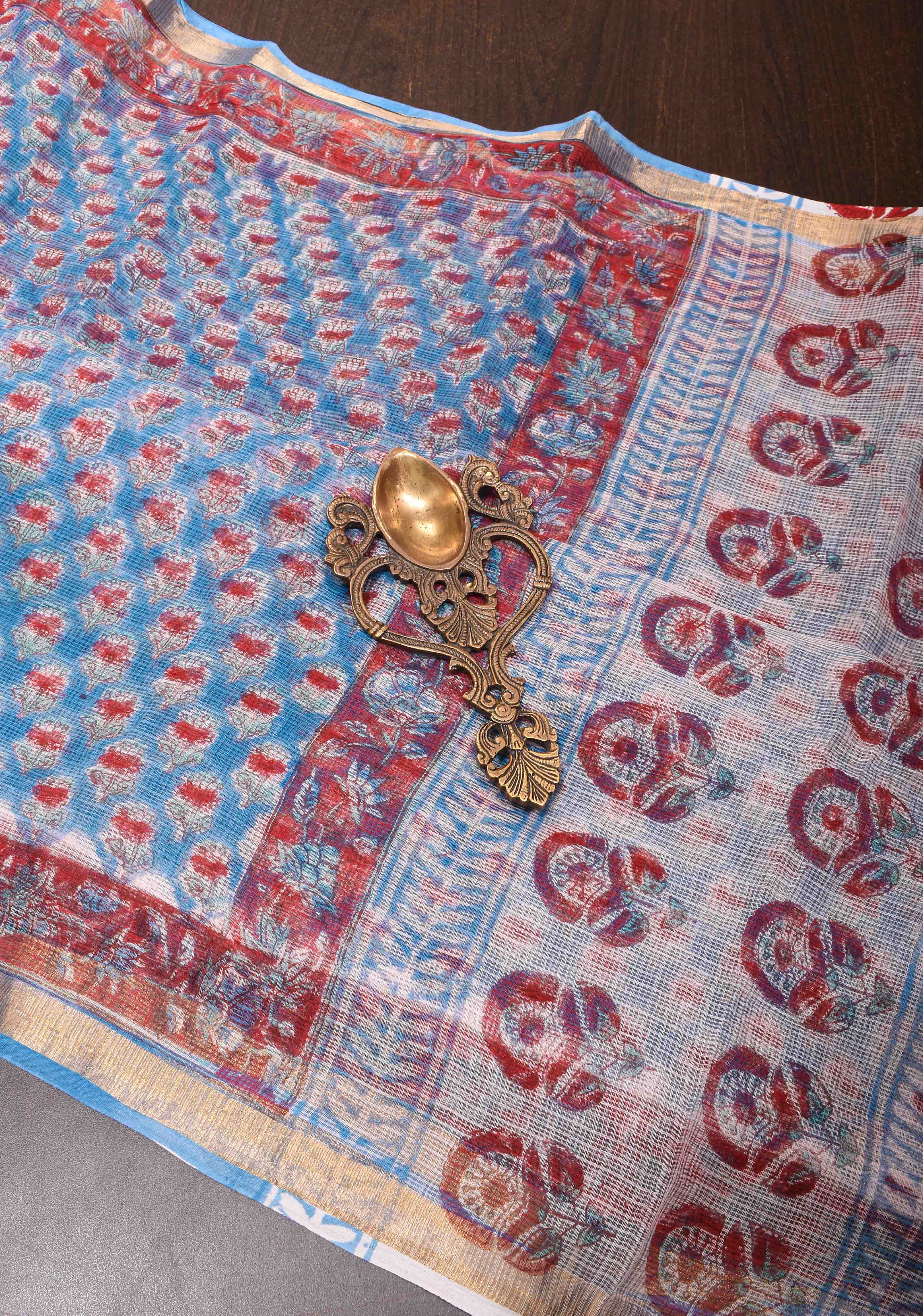 Blue Kota Doria Cotton Saree with Sanganeri Hand Block Print | Shobitam