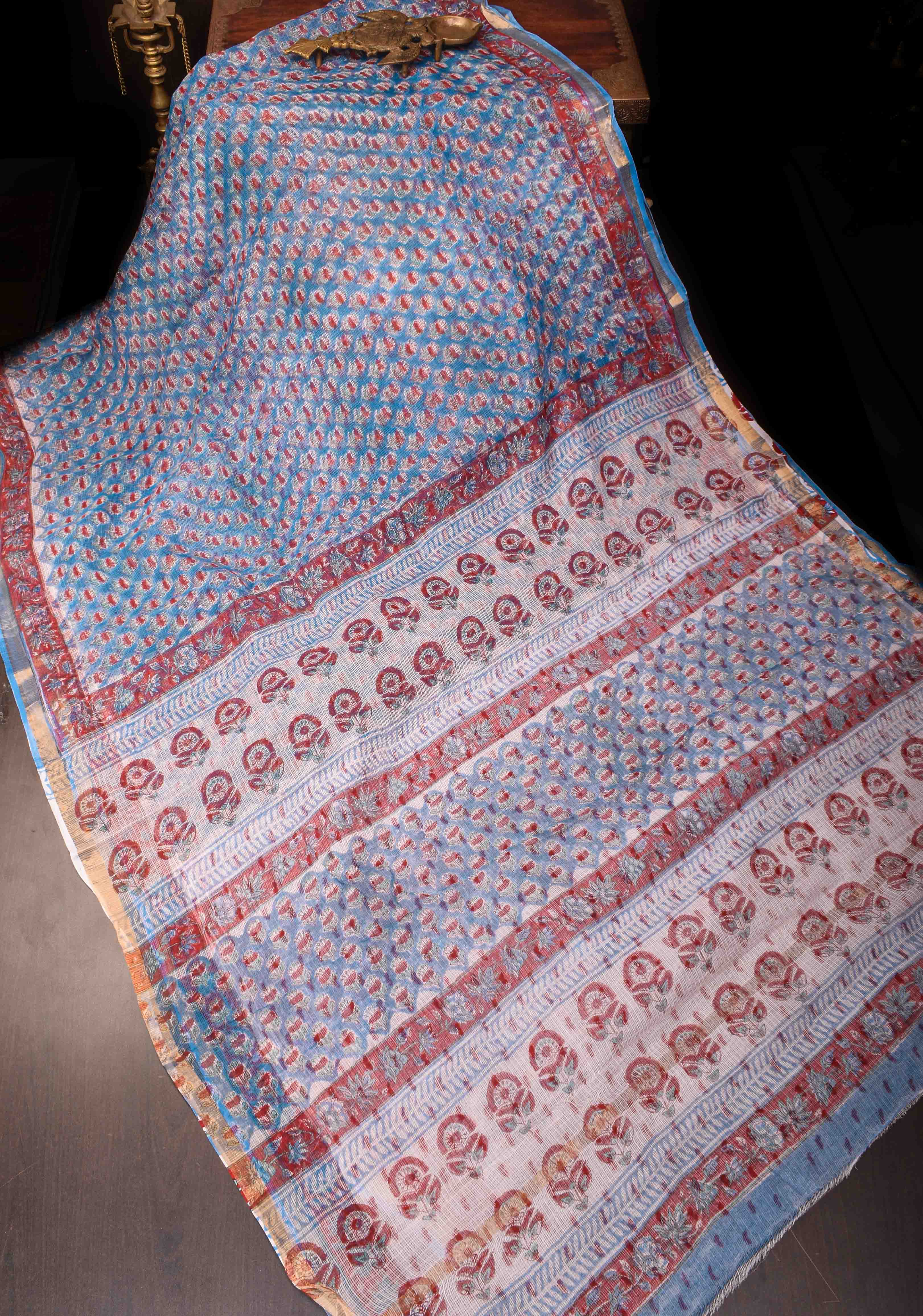 Blue Kota Doria Cotton Saree with Sanganeri Hand Block Print | Shobitam