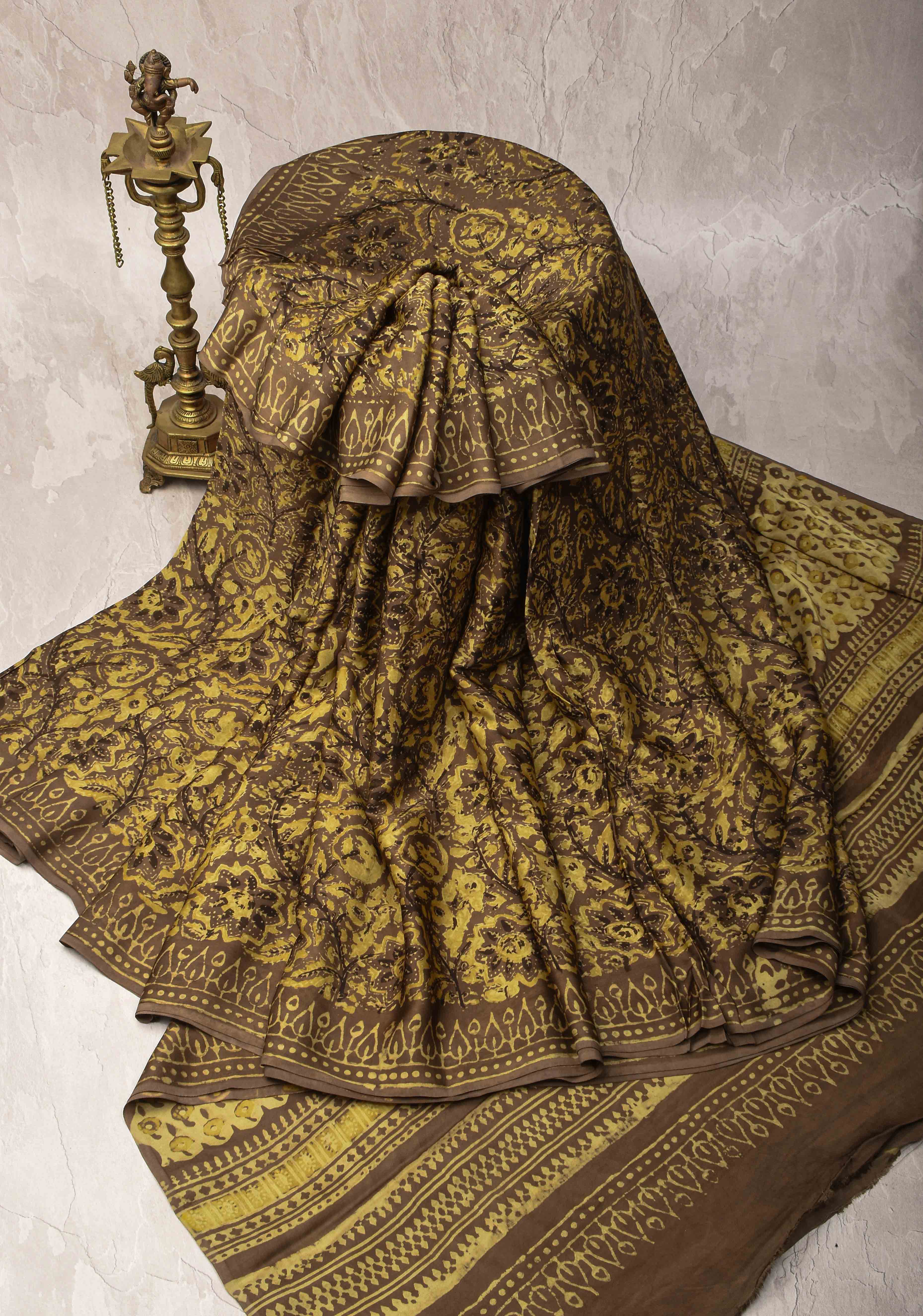 Ochre Vanaspati Hand Block Print on Modal Silk Saree | Shobitam