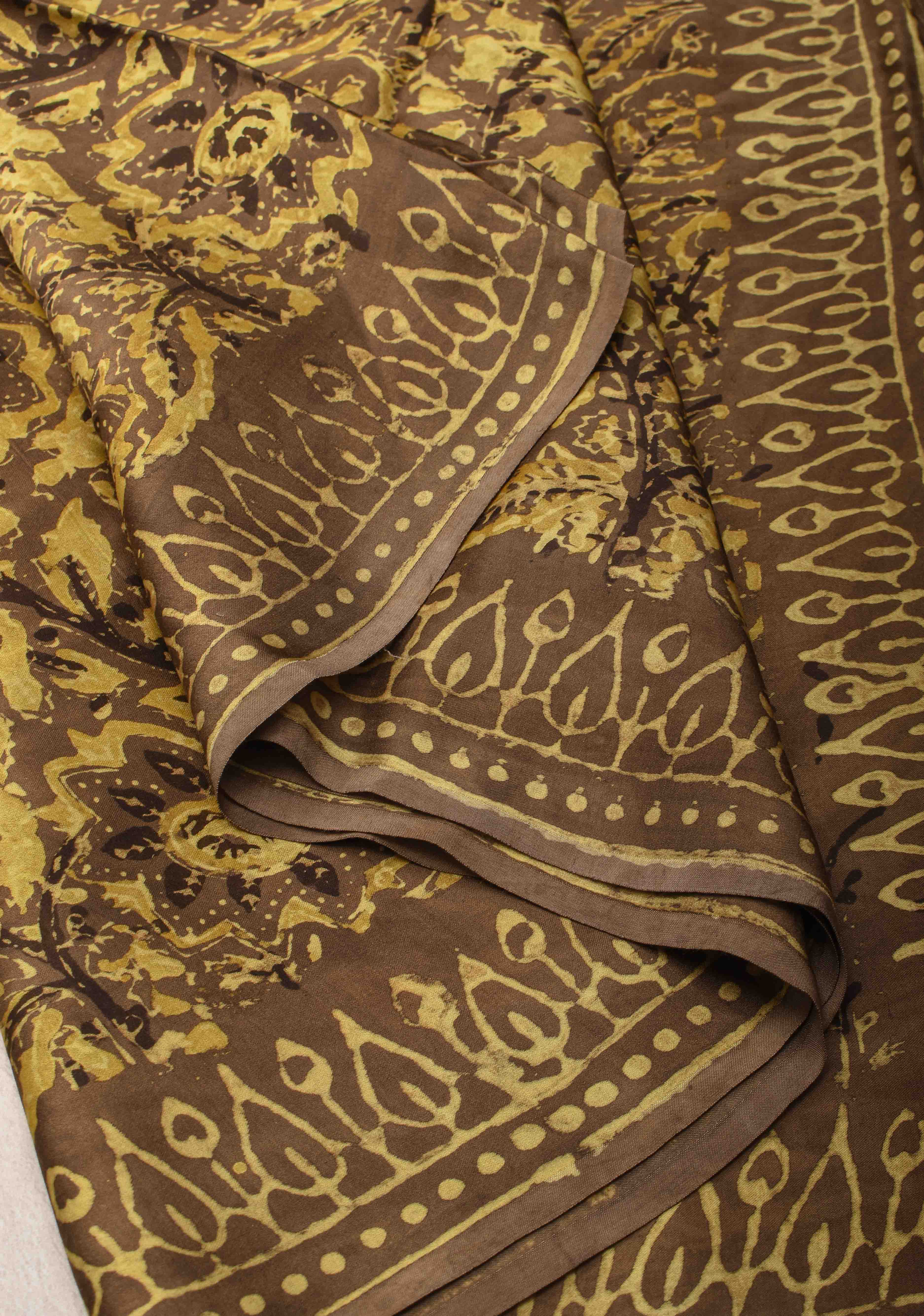 Ochre Vanaspati Hand Block Print on Modal Silk Saree | Shobitam