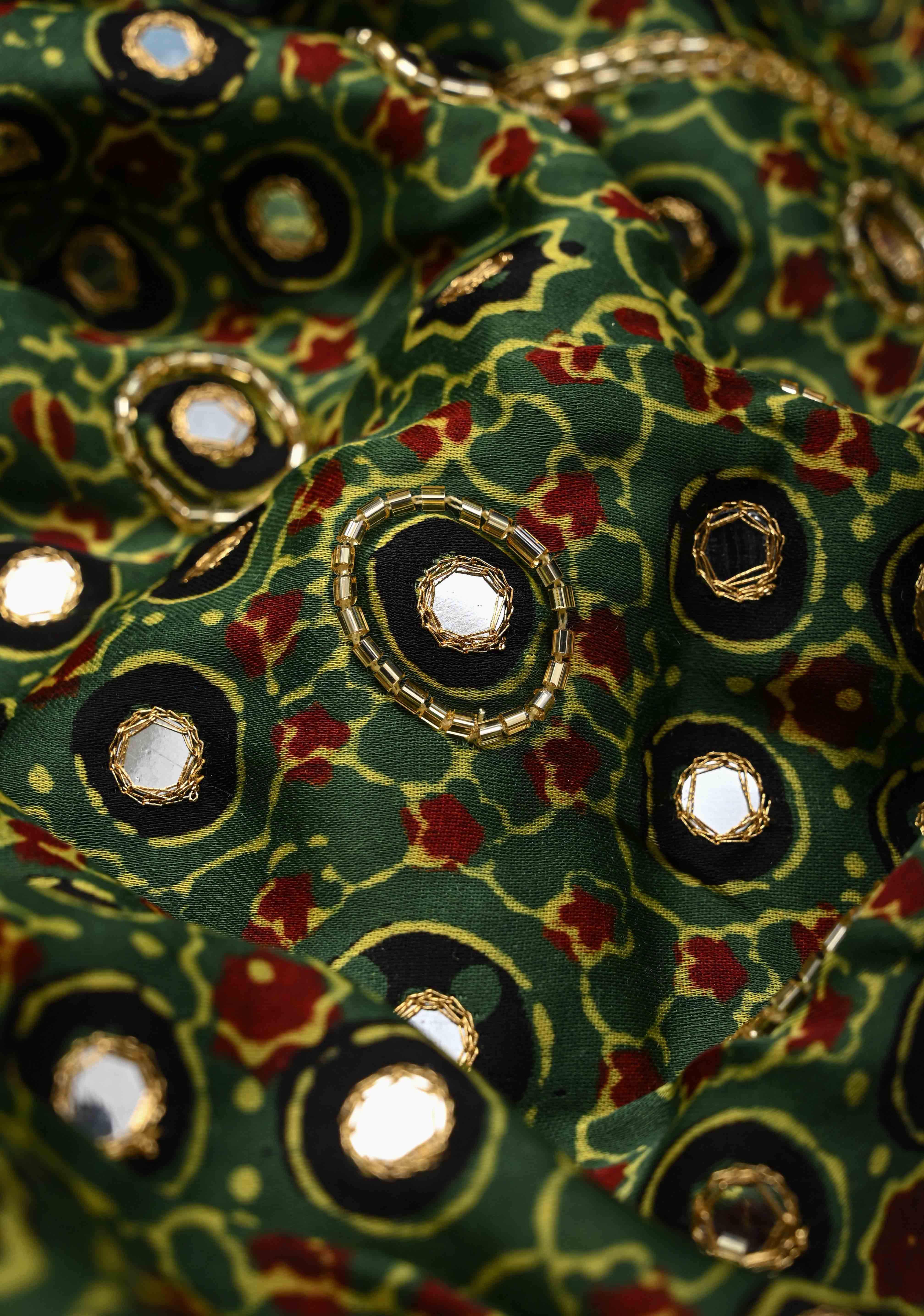 Ajrakh Hand Block Print on Green Modal Silk Saree with mirror and sequins Hand embroidery | Shobitam