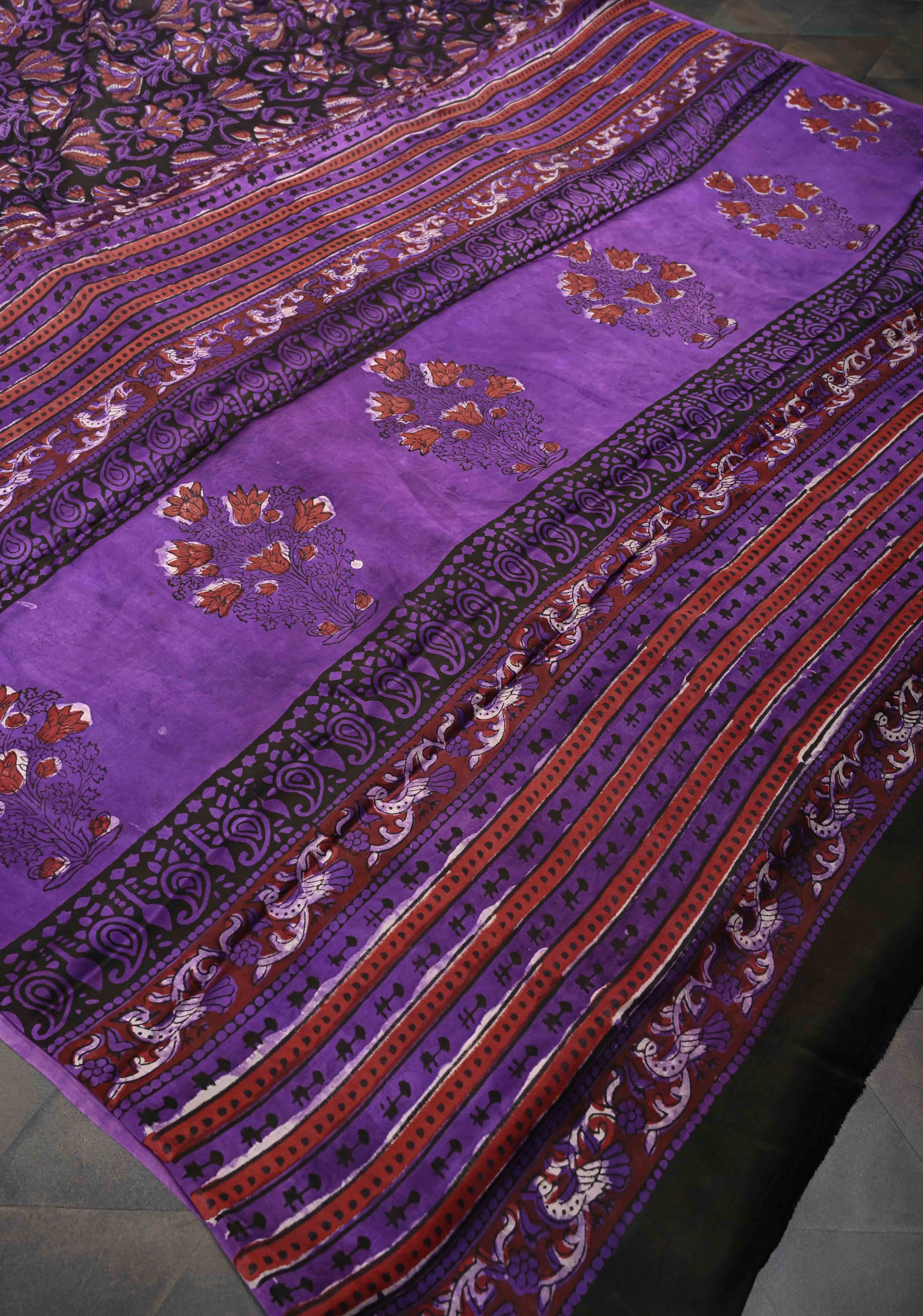 Purple Brown Modal Silk Saree with Vanaspati Floral Hand Block Print | Shobitam