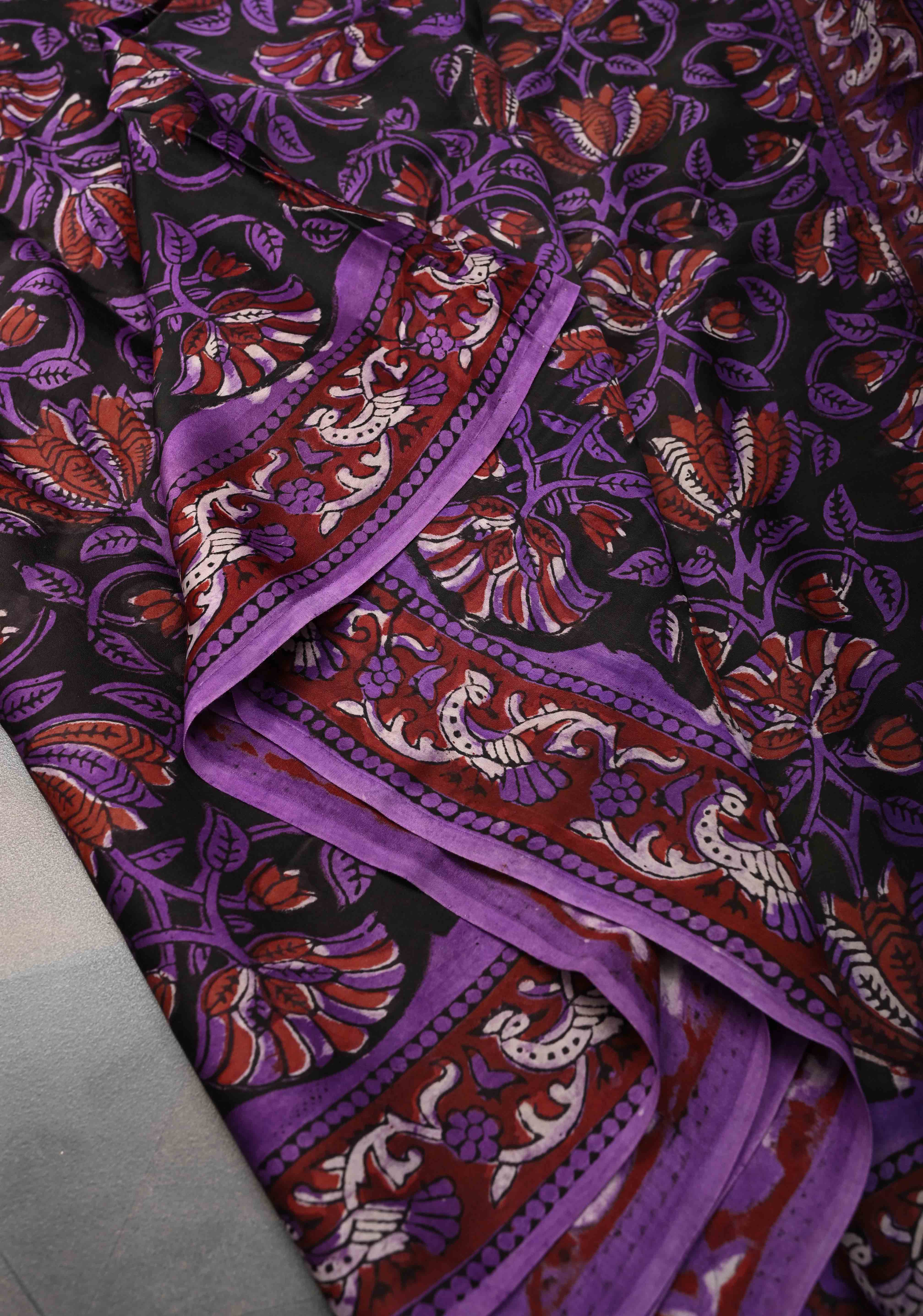 Purple Brown Modal Silk Saree with Vanaspati Floral Hand Block Print | Shobitam