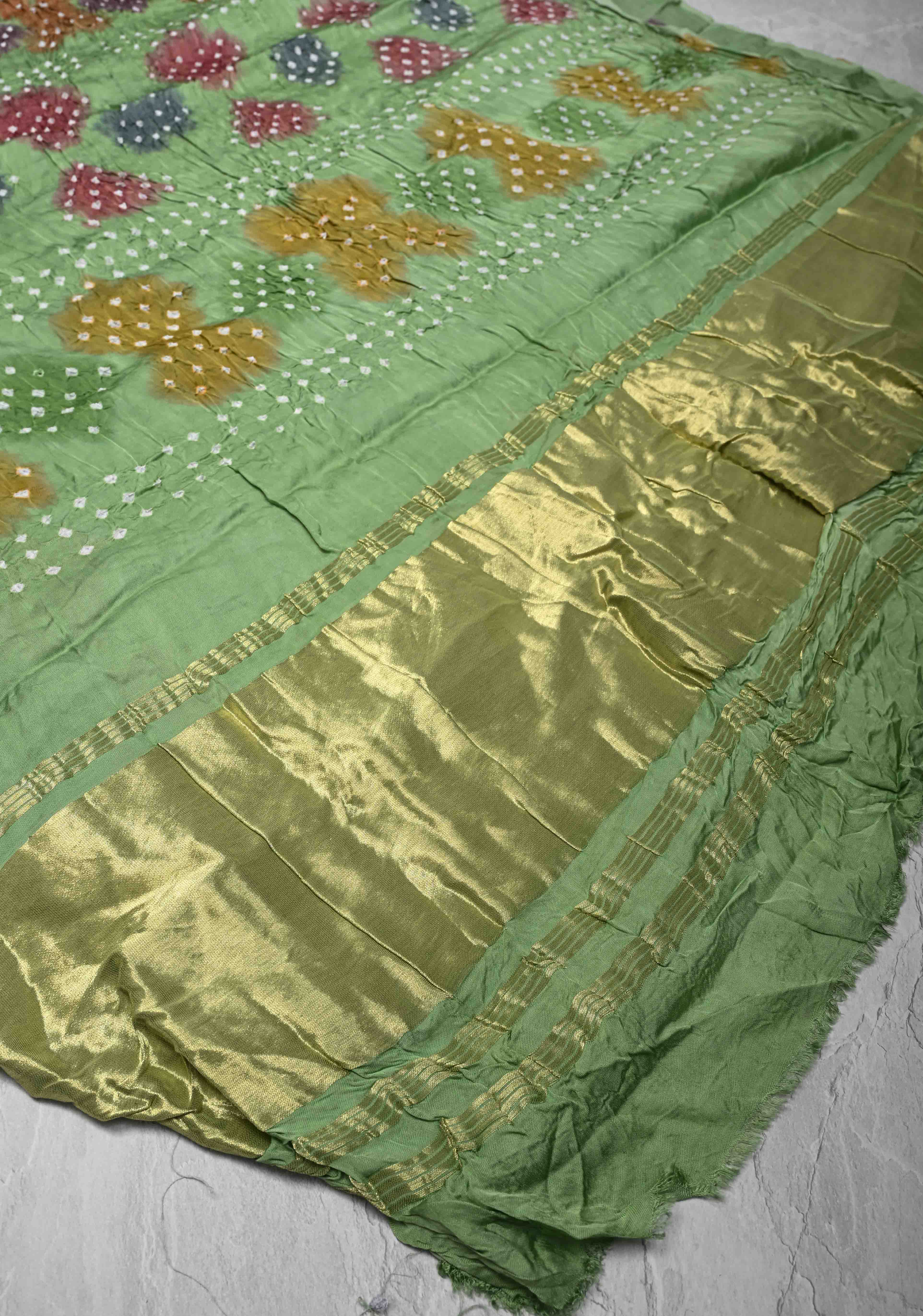 Tea Green Hand Shibori mandala Dye and bandhej design on Modal Silk Saree with crushed Pallu | Shobitam