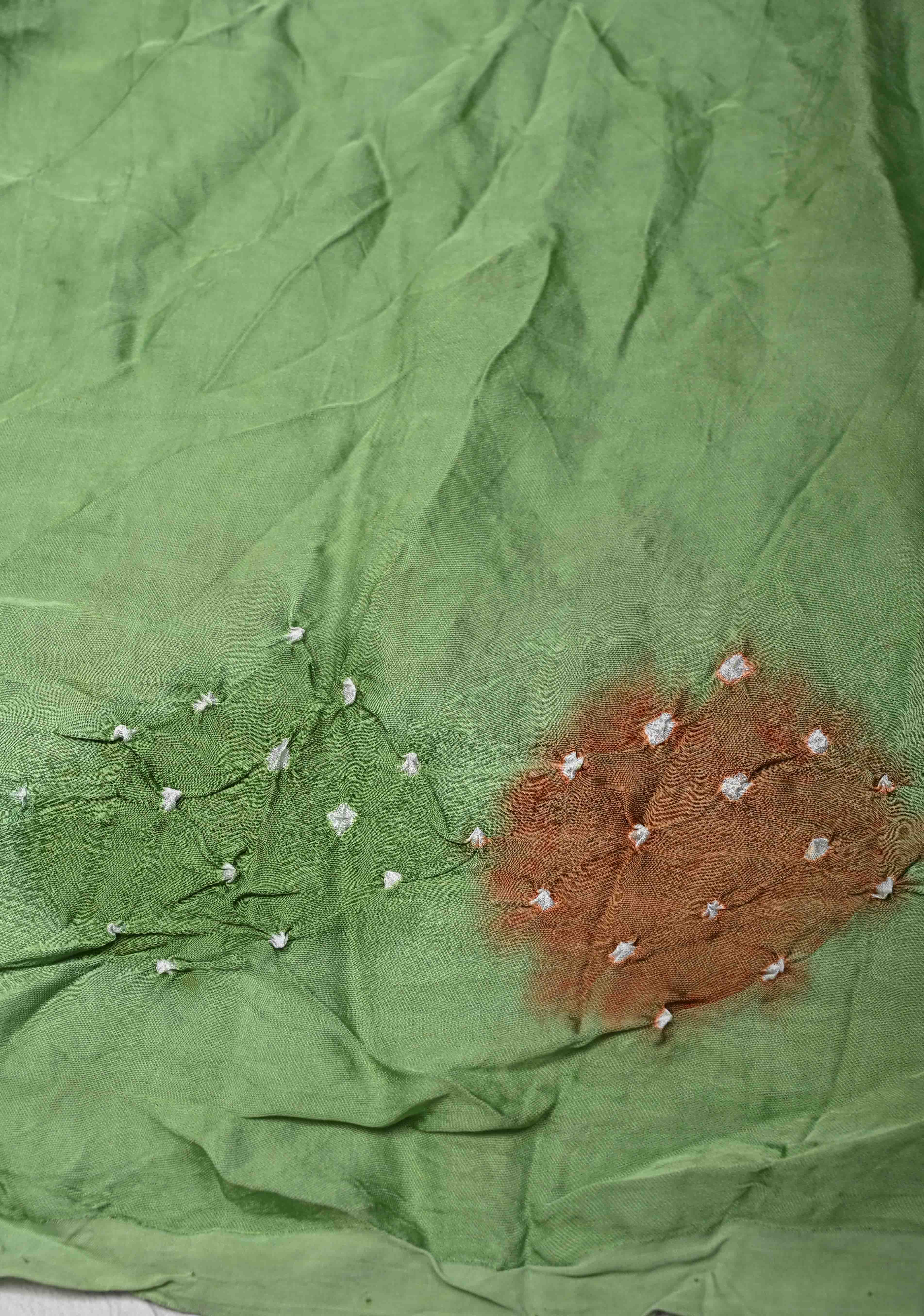 Tea Green Hand Shibori mandala Dye and bandhej design on Modal Silk Saree with crushed Pallu | Shobitam