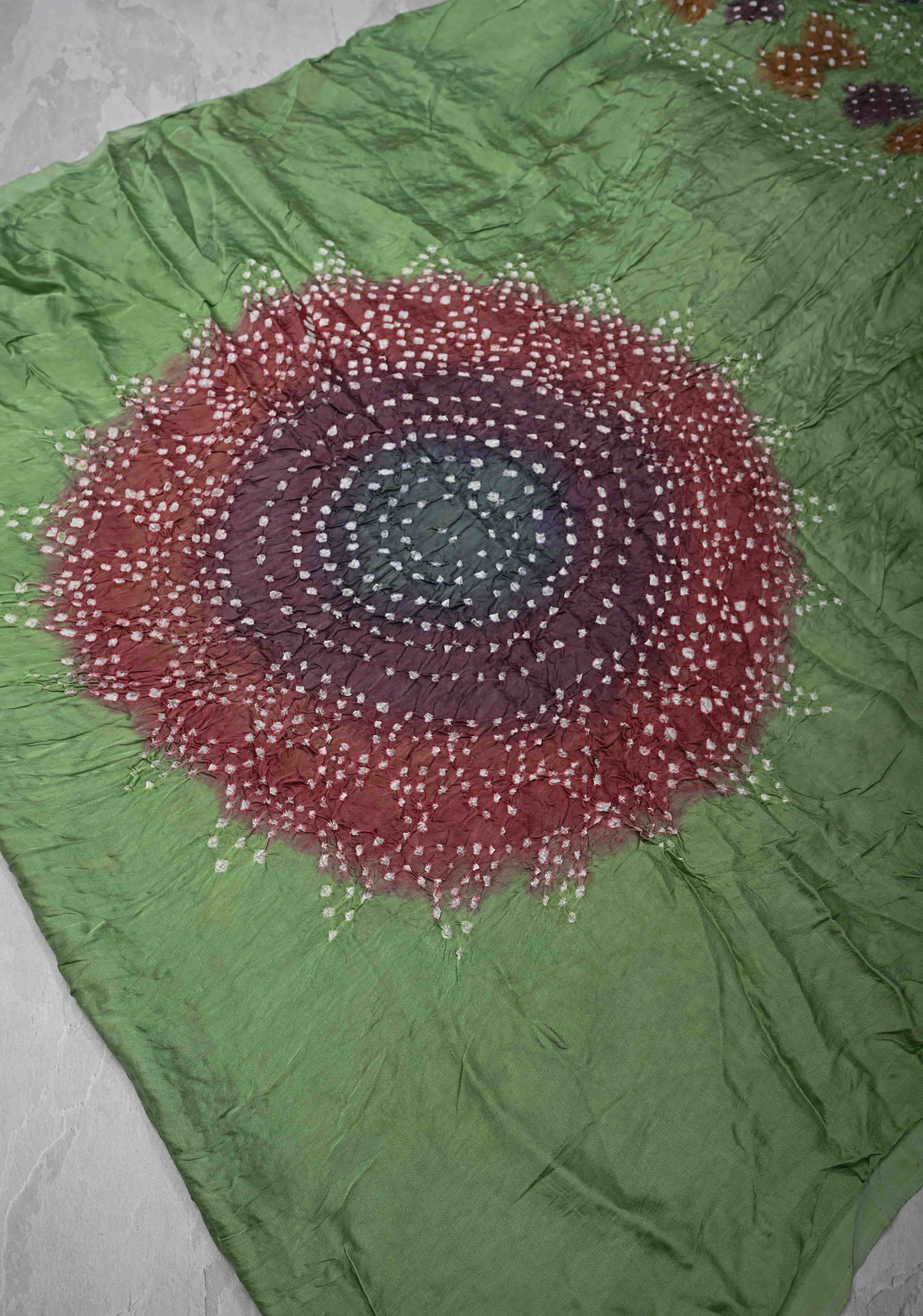 Tea Green Hand Shibori mandala Dye and bandhej design on Modal Silk Saree with crushed Pallu | Shobitam