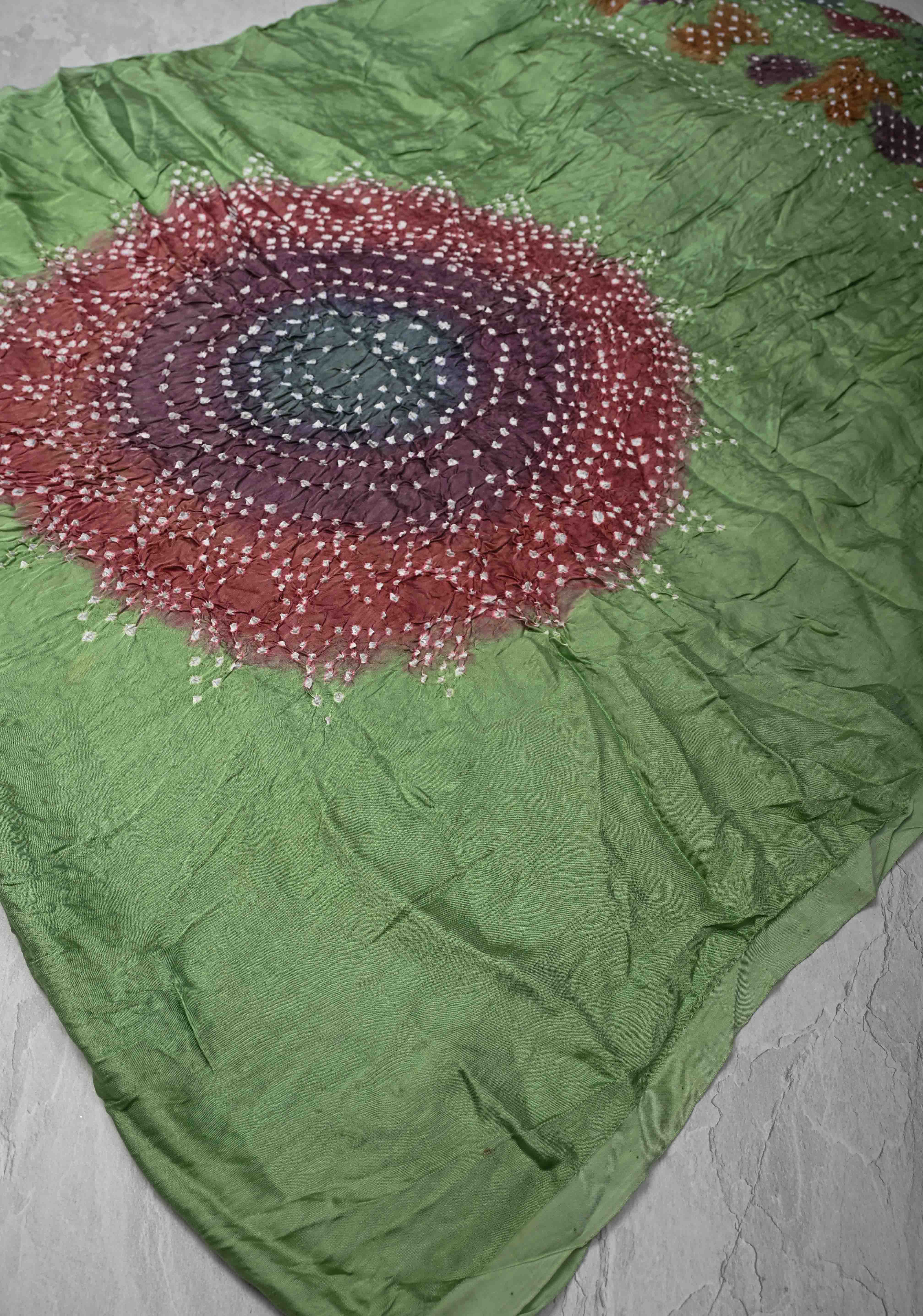 Tea Green Hand Shibori mandala Dye and bandhej design on Modal Silk Saree with crushed Pallu | Shobitam
