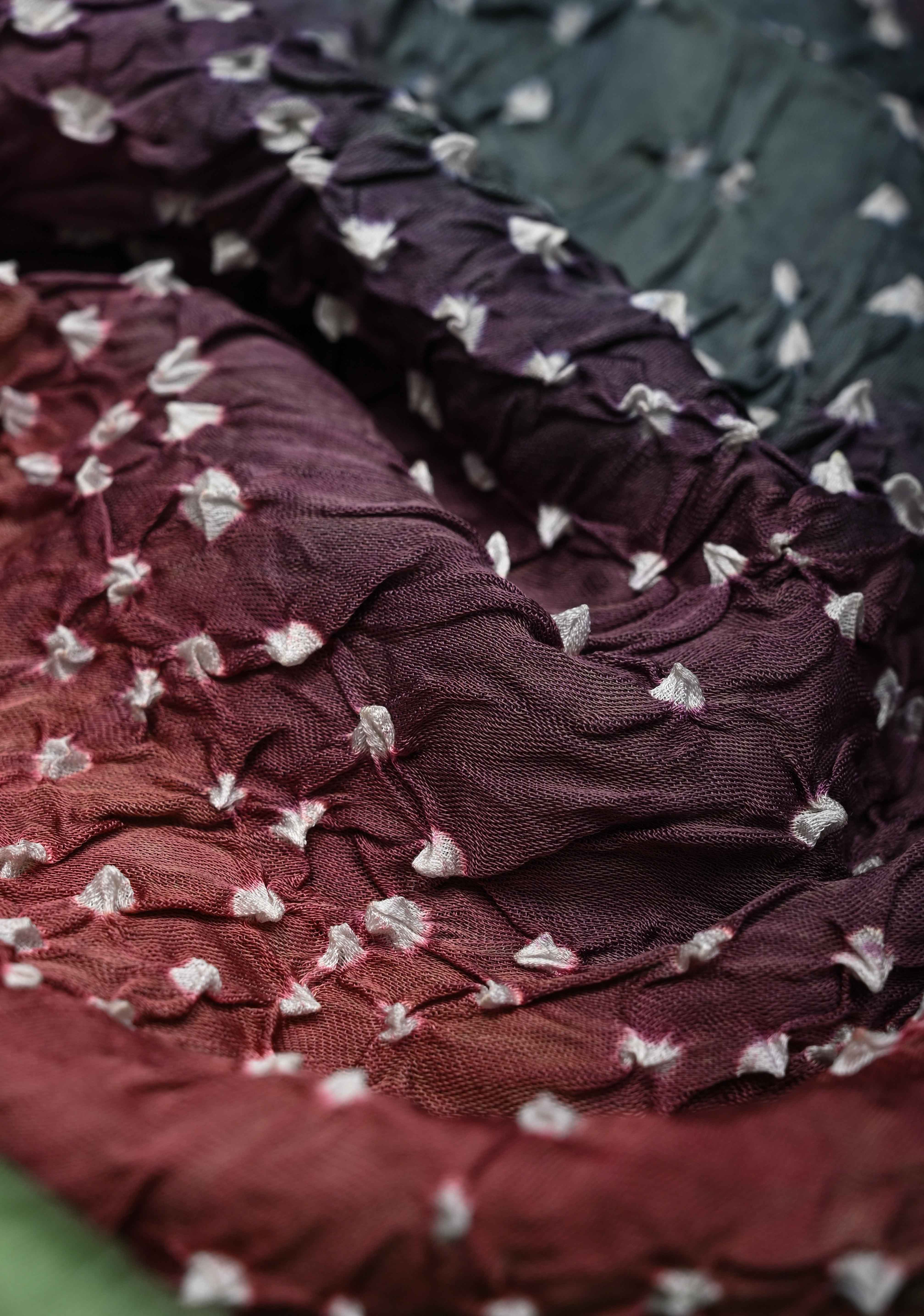 Tea Green Hand Shibori mandala Dye and bandhej design on Modal Silk Saree with crushed Pallu | Shobitam