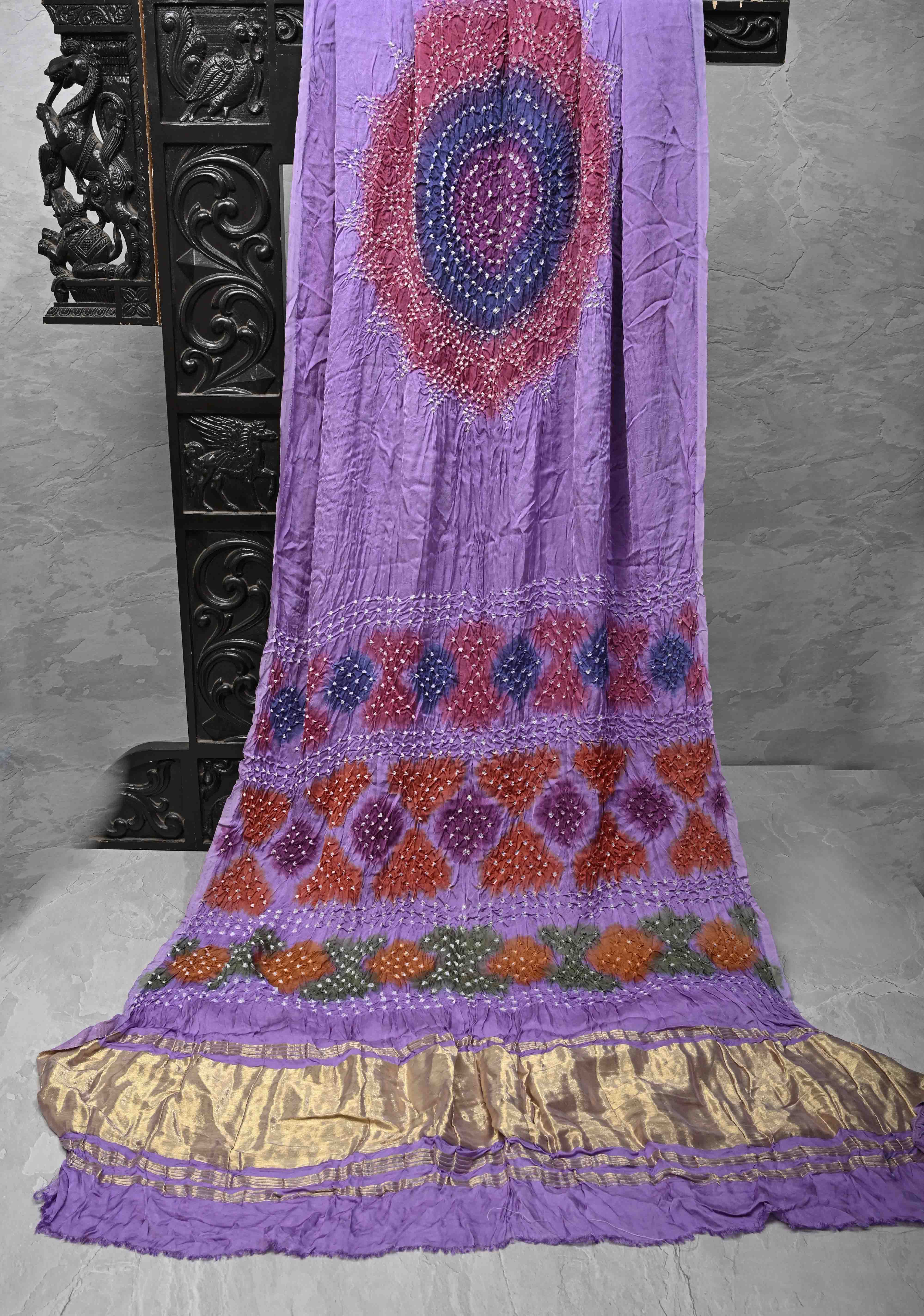 Periwinkle Purple Hand Shibori mandala Dye and bandhej design on Modal Silk Saree with crushed Pallu | Shobitam
