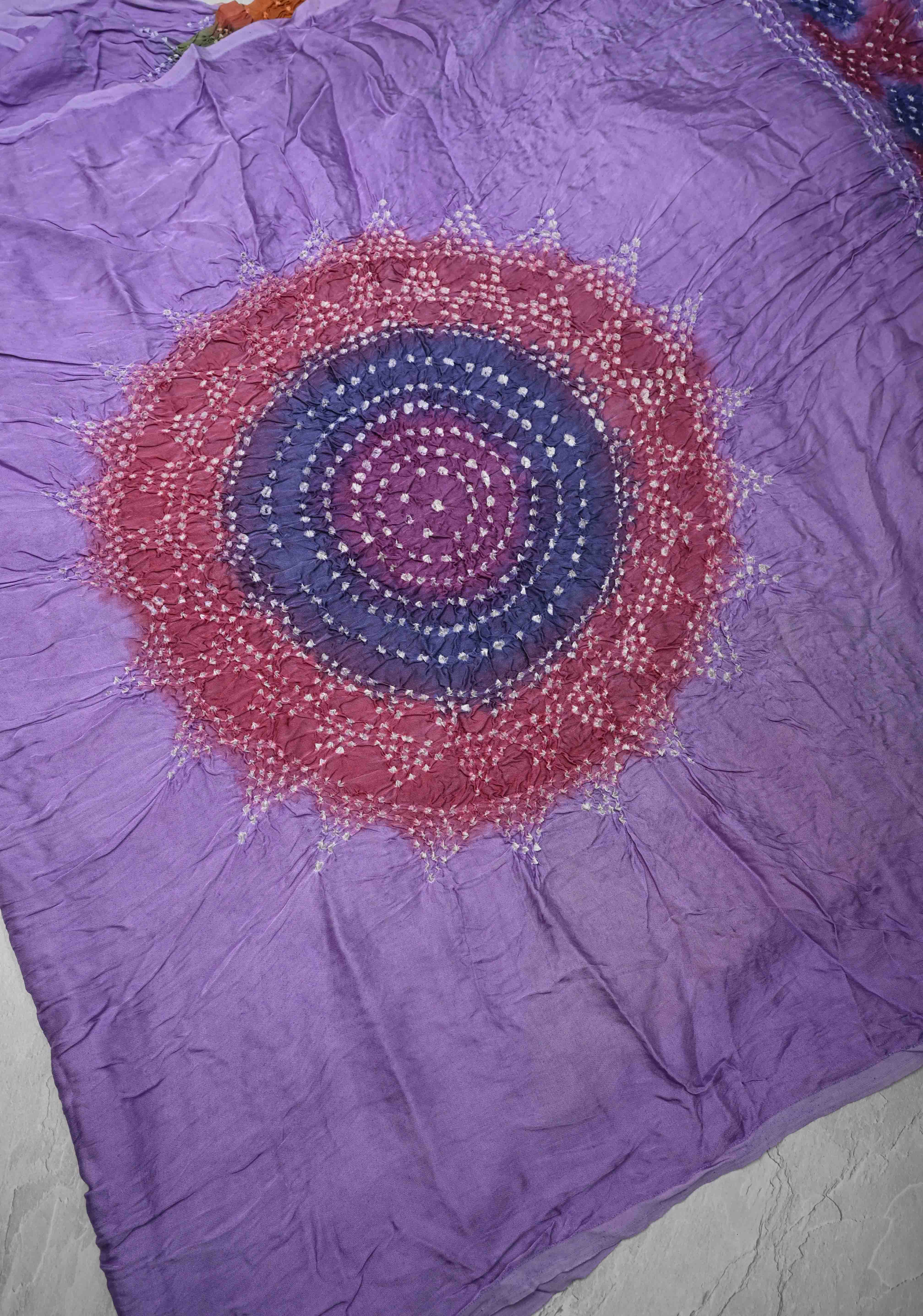 Periwinkle Purple Hand Shibori mandala Dye and bandhej design on Modal Silk Saree with crushed Pallu | Shobitam