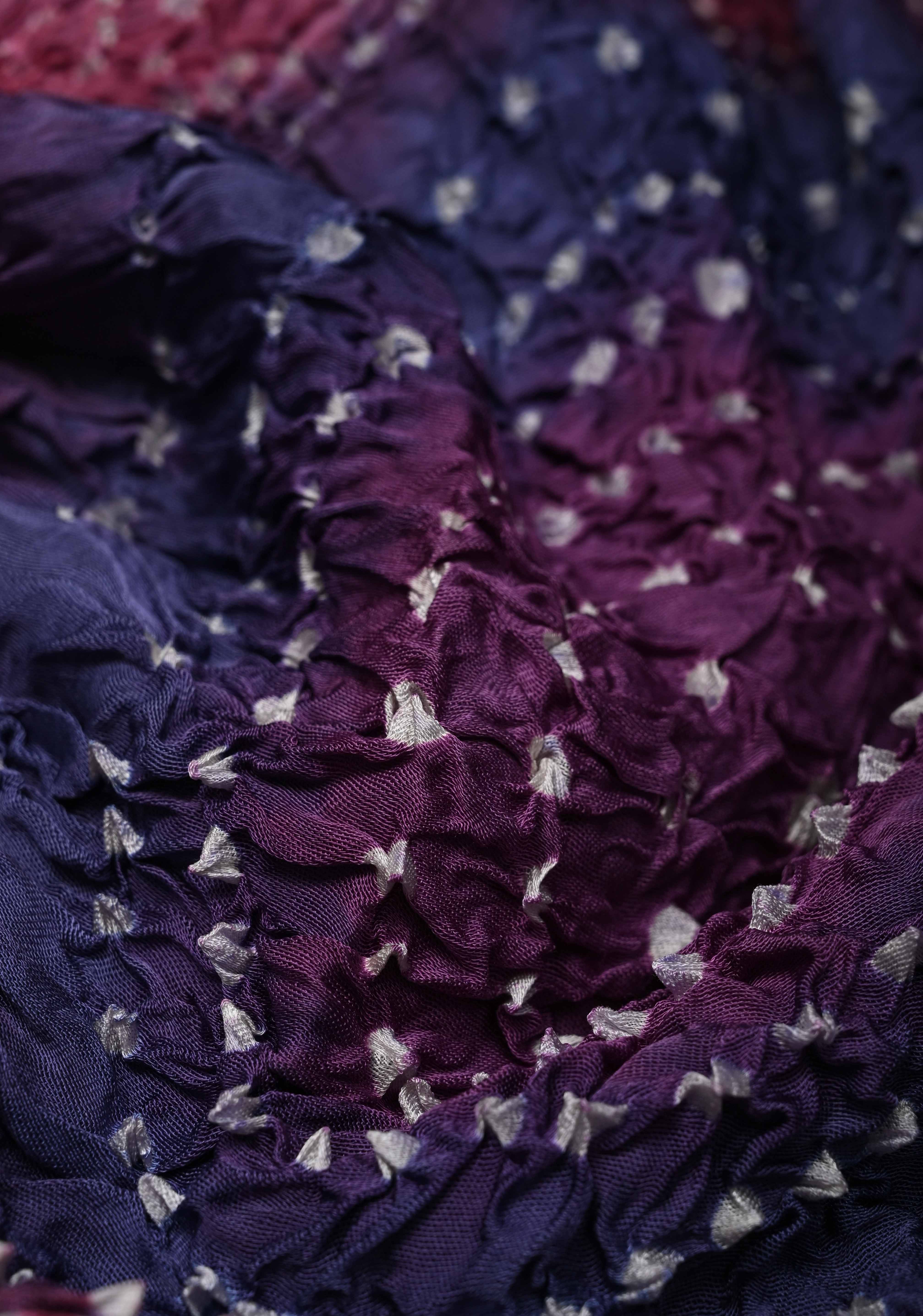 Periwinkle Purple Hand Shibori mandala Dye and bandhej design on Modal Silk Saree with crushed Pallu | Shobitam