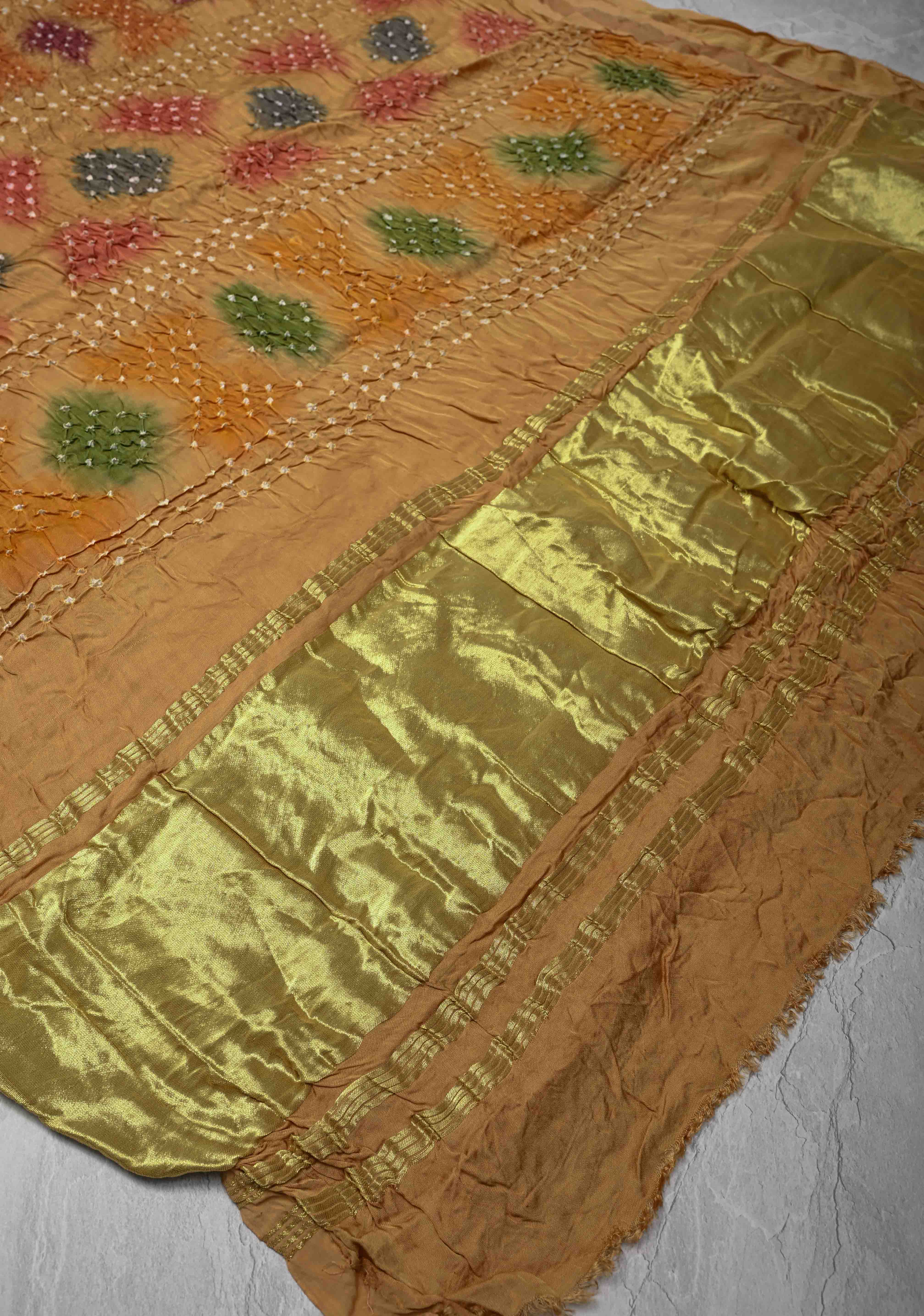 Sandalwood Hand Shibori mandala Dye and bandhej design on Modal Silk Saree with crushed Pallu | Shobitam