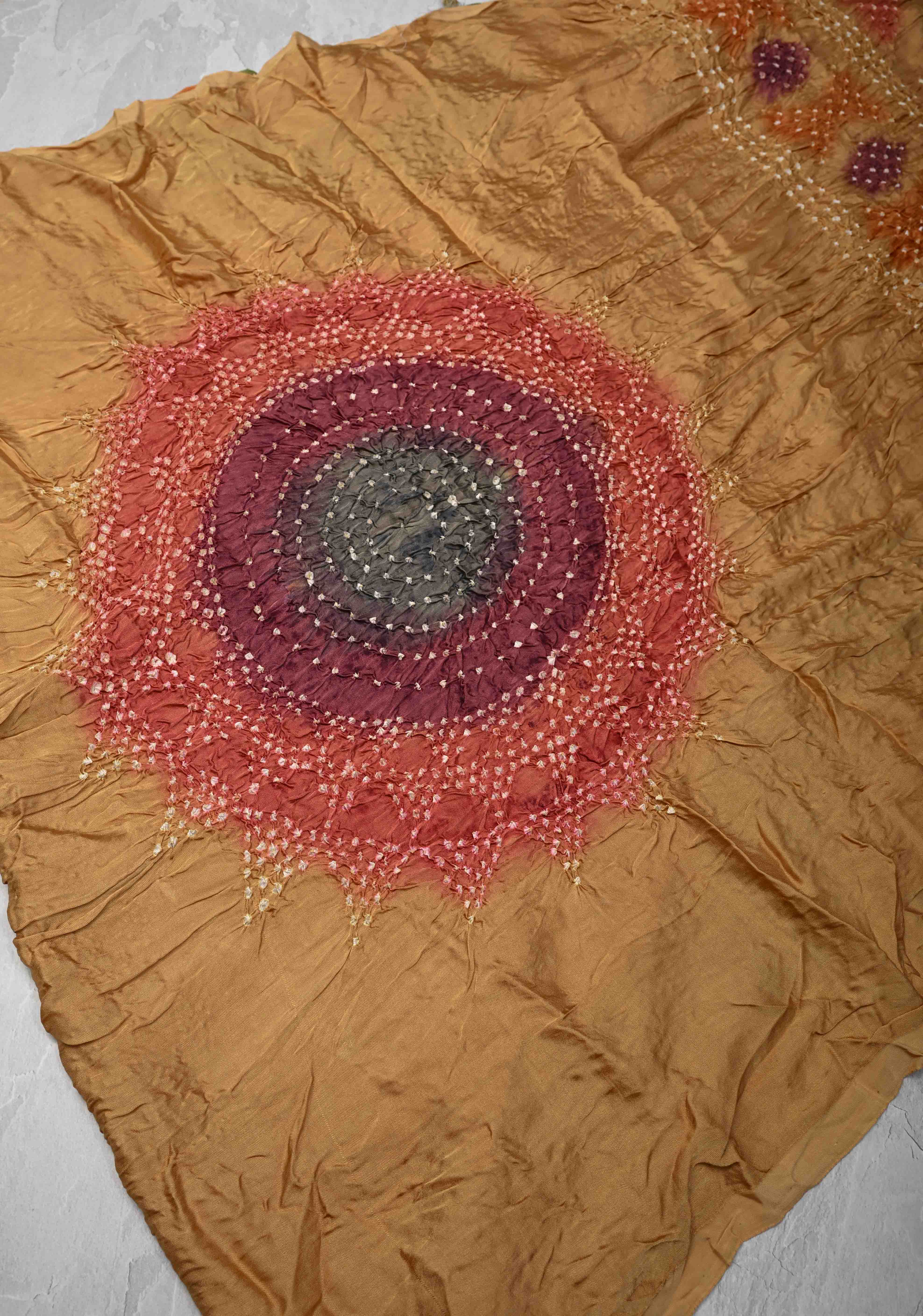 Sandalwood Hand Shibori mandala Dye and bandhej design on Modal Silk Saree with crushed Pallu | Shobitam