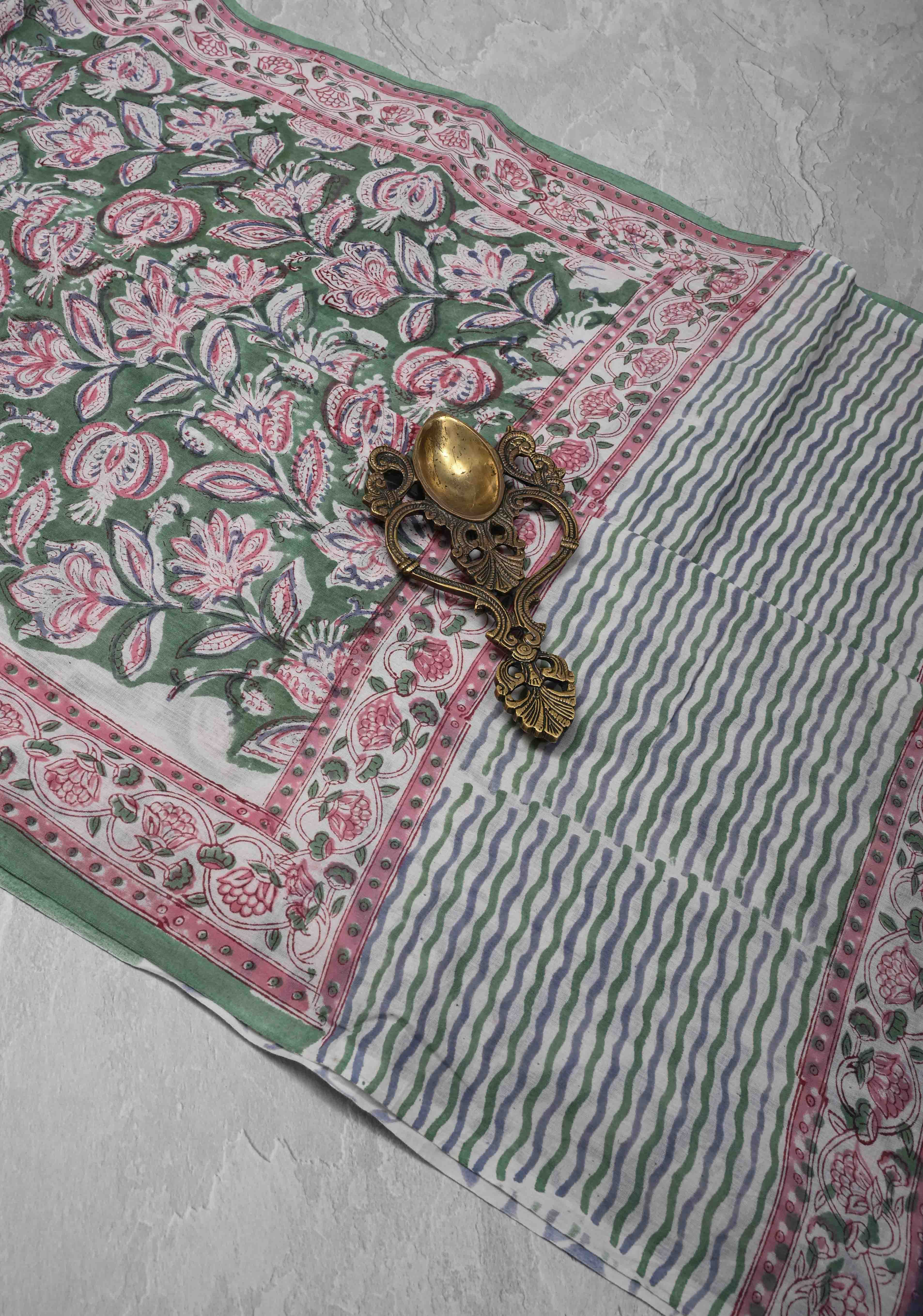Green Chanderi Cotton Silk Saree with Sanganeri Floral Hand Block Print | Shobitam