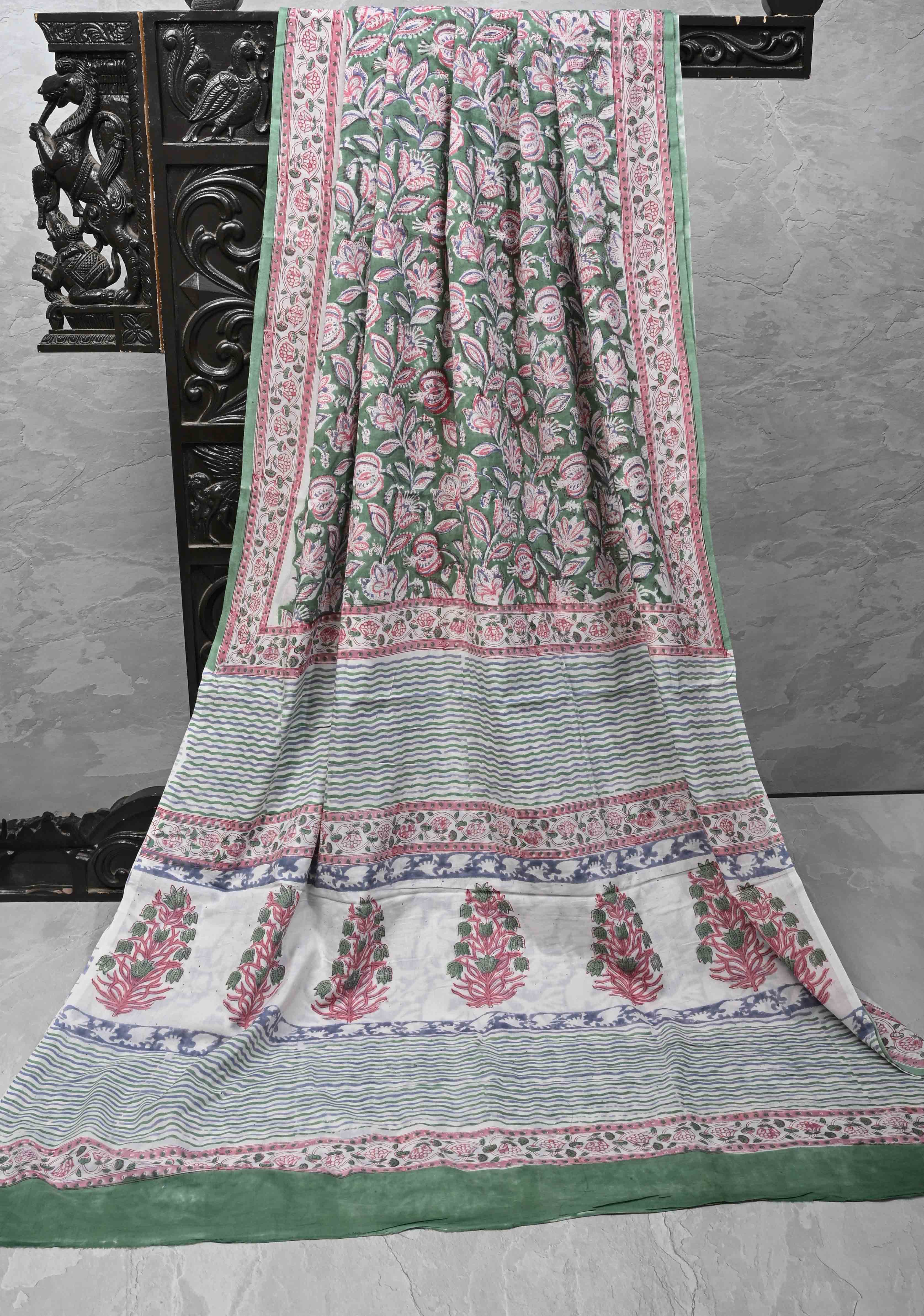 Green Chanderi Cotton Silk Saree with Sanganeri Floral Hand Block Print | Shobitam