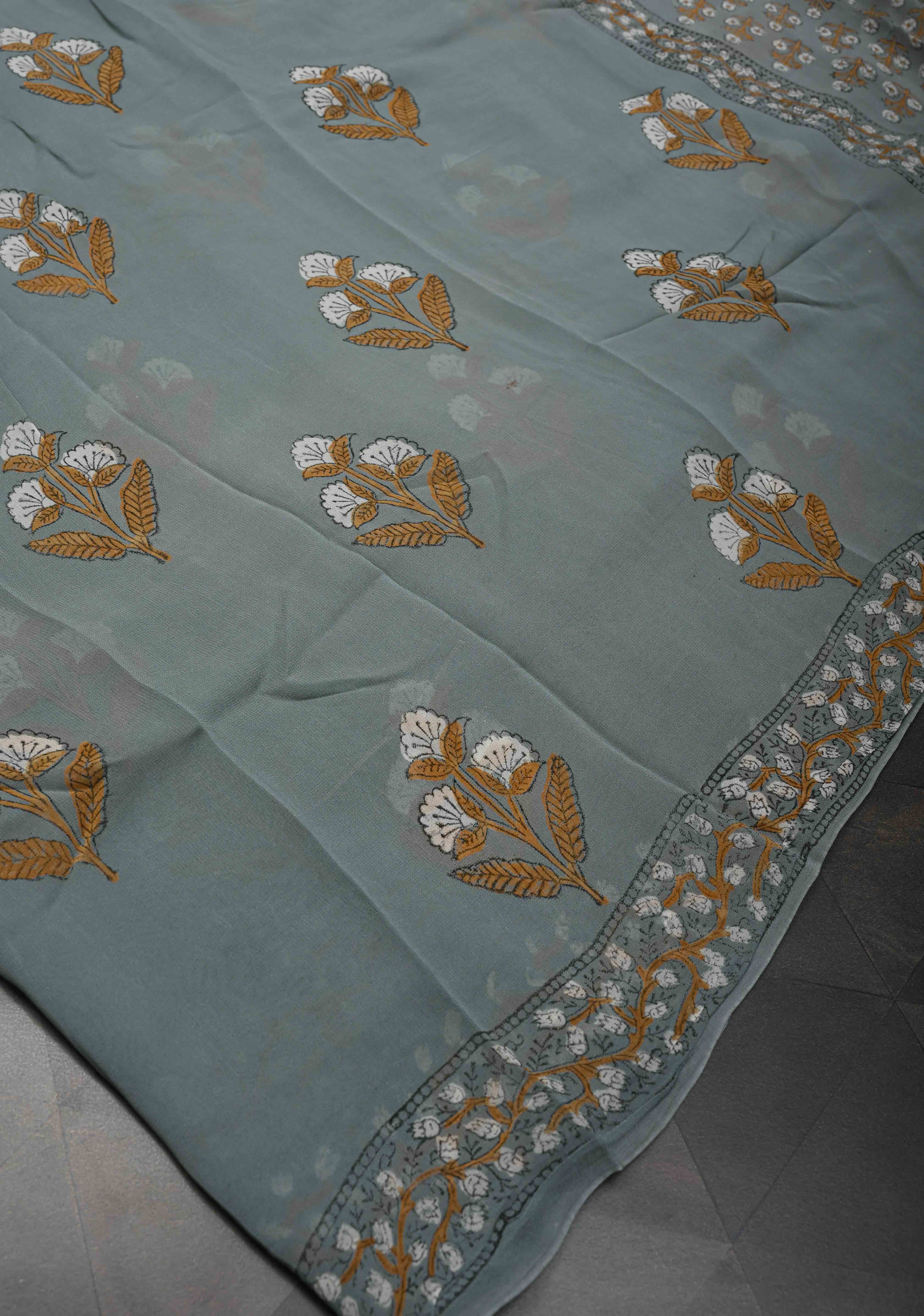 Gray Georgette Saree with Sanganeri Hand Block Print | Shobitam