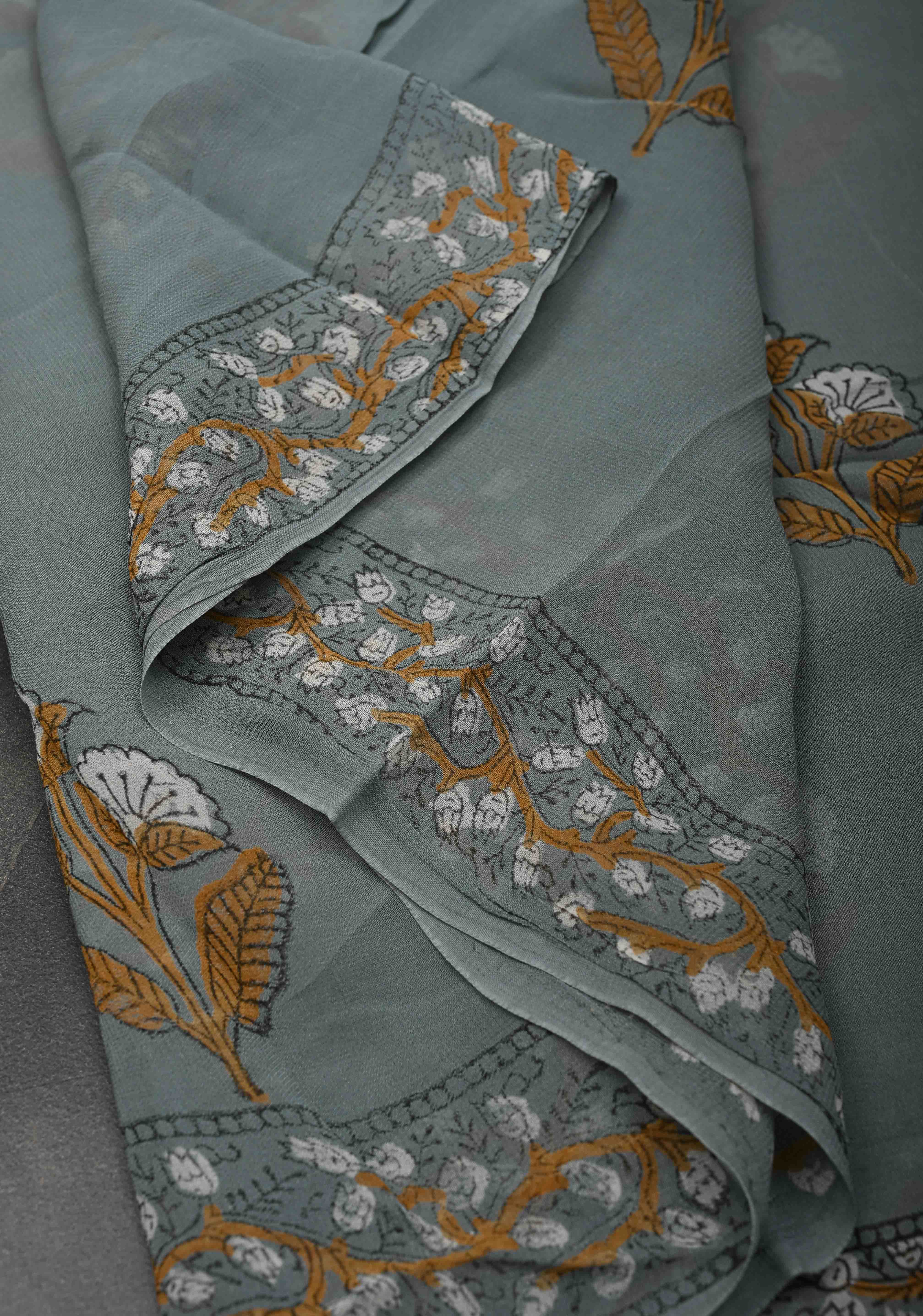 Gray Georgette Saree with Sanganeri Hand Block Print | Shobitam
