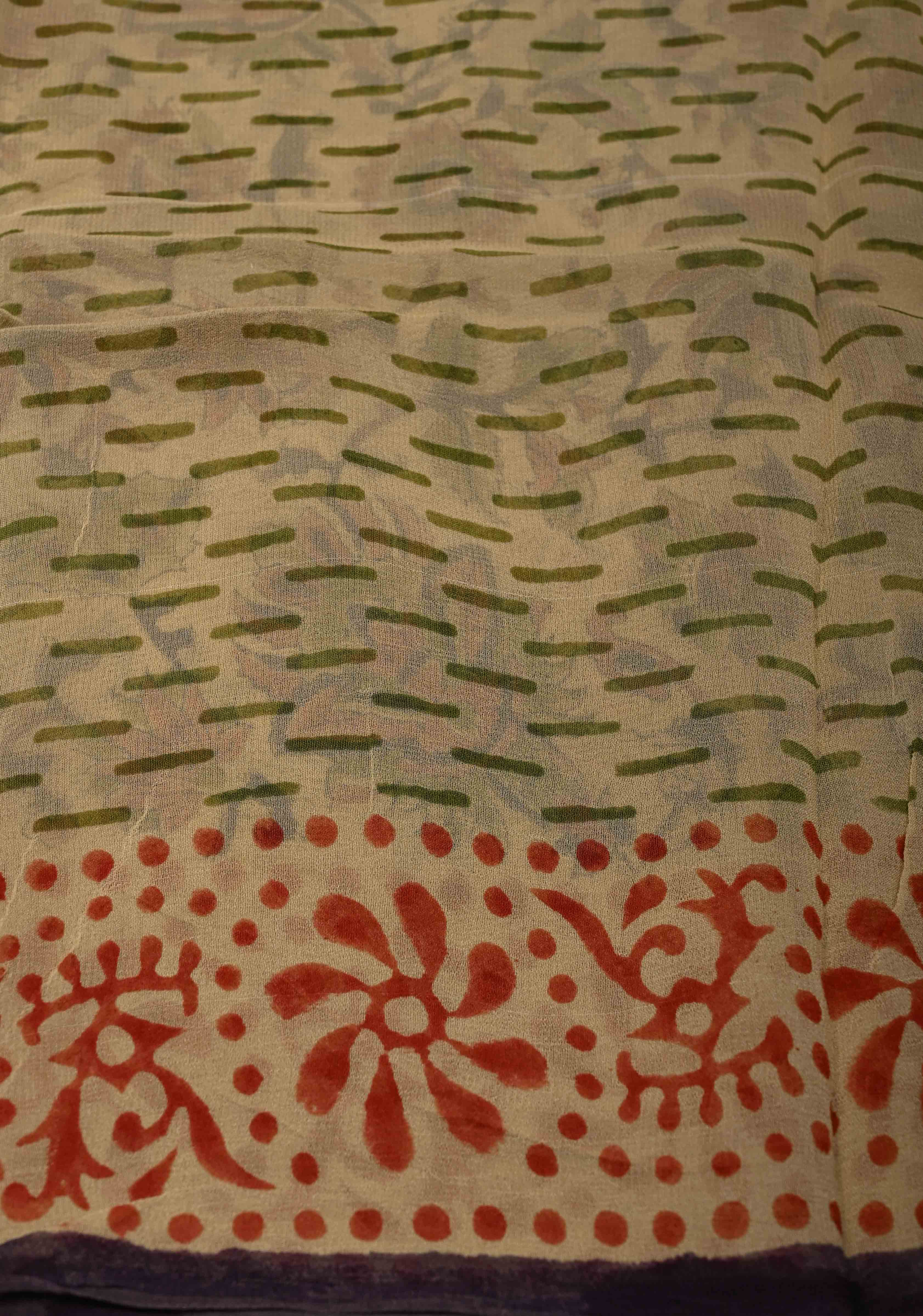 Beige Georgette Saree with Sanganeri Hand Block Print | Shobitam