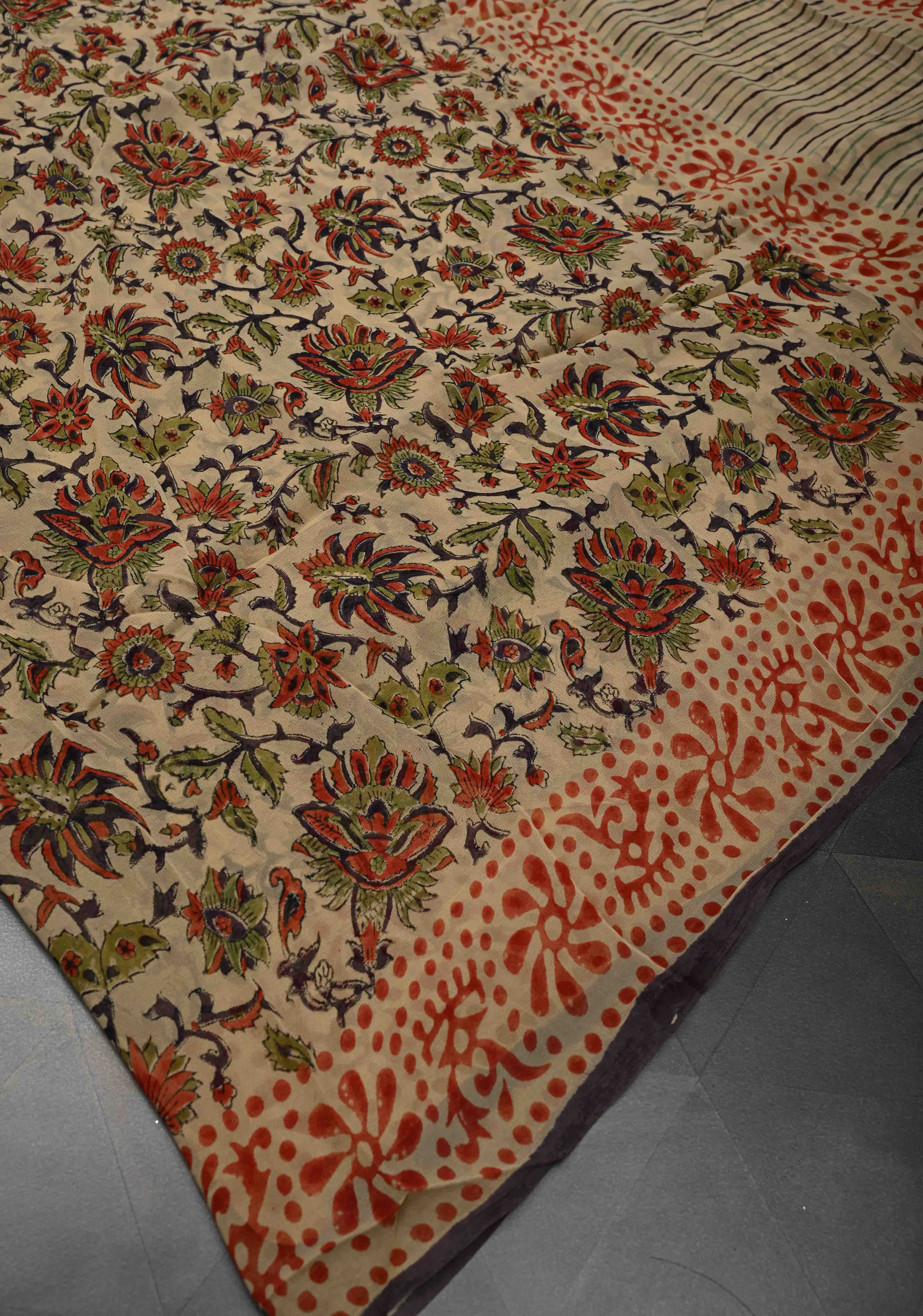 Beige Georgette Saree with Sanganeri Hand Block Print | Shobitam