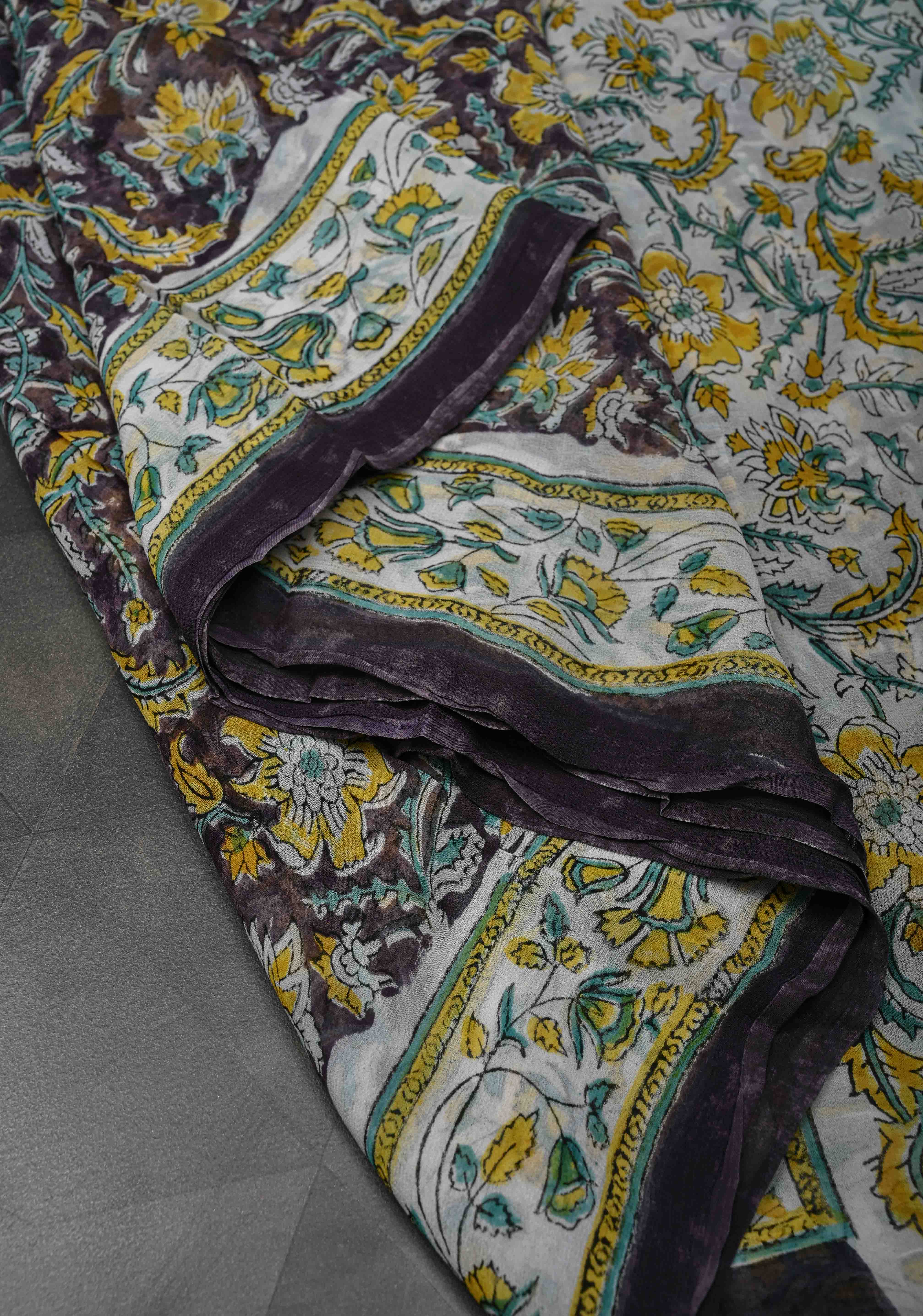 Dark Purple Georgette Saree with Sanganeri Hand Block Print | Shobitam