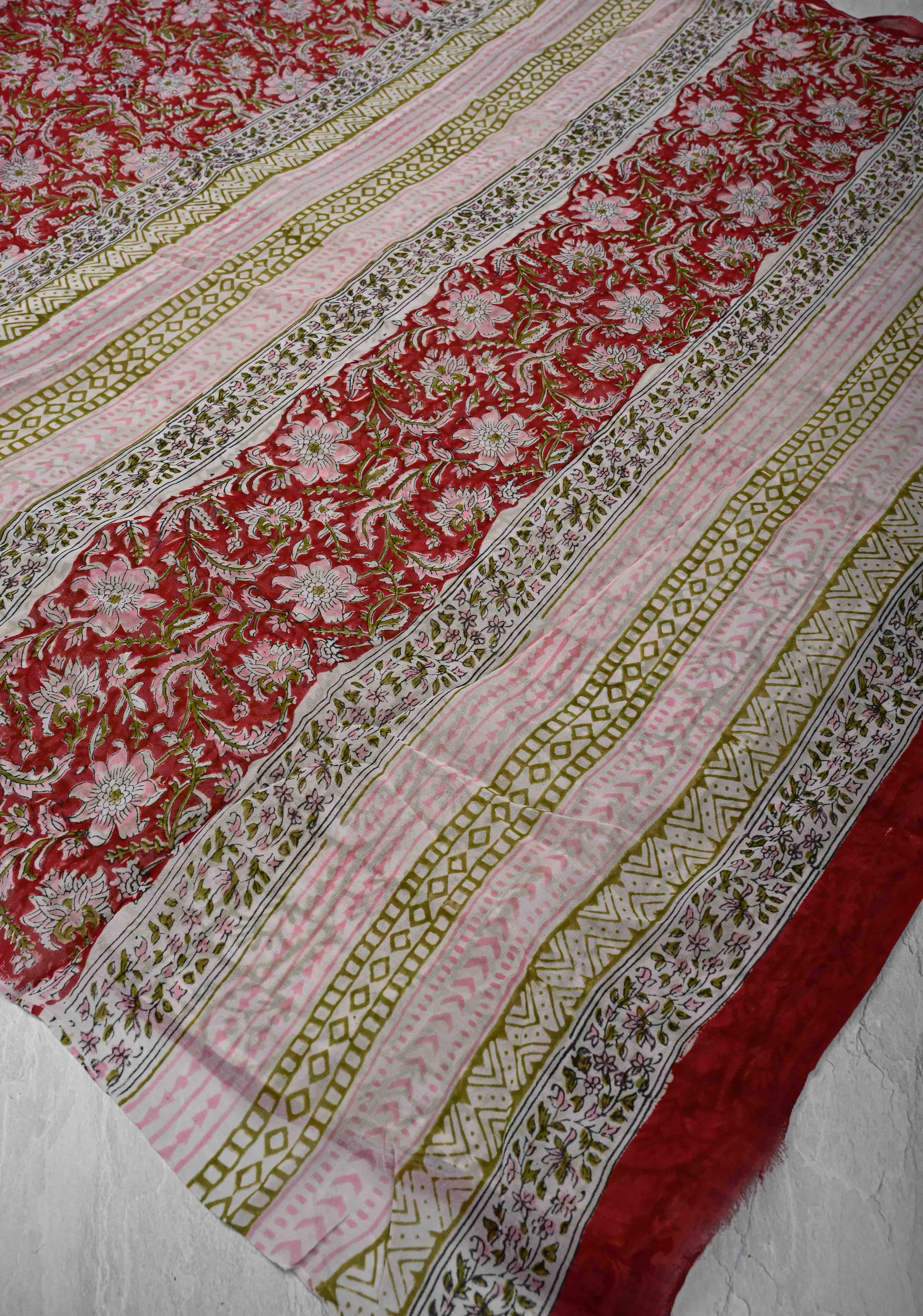 Red Georgette Saree with Sanganeri Hand Block Print | Shobitam