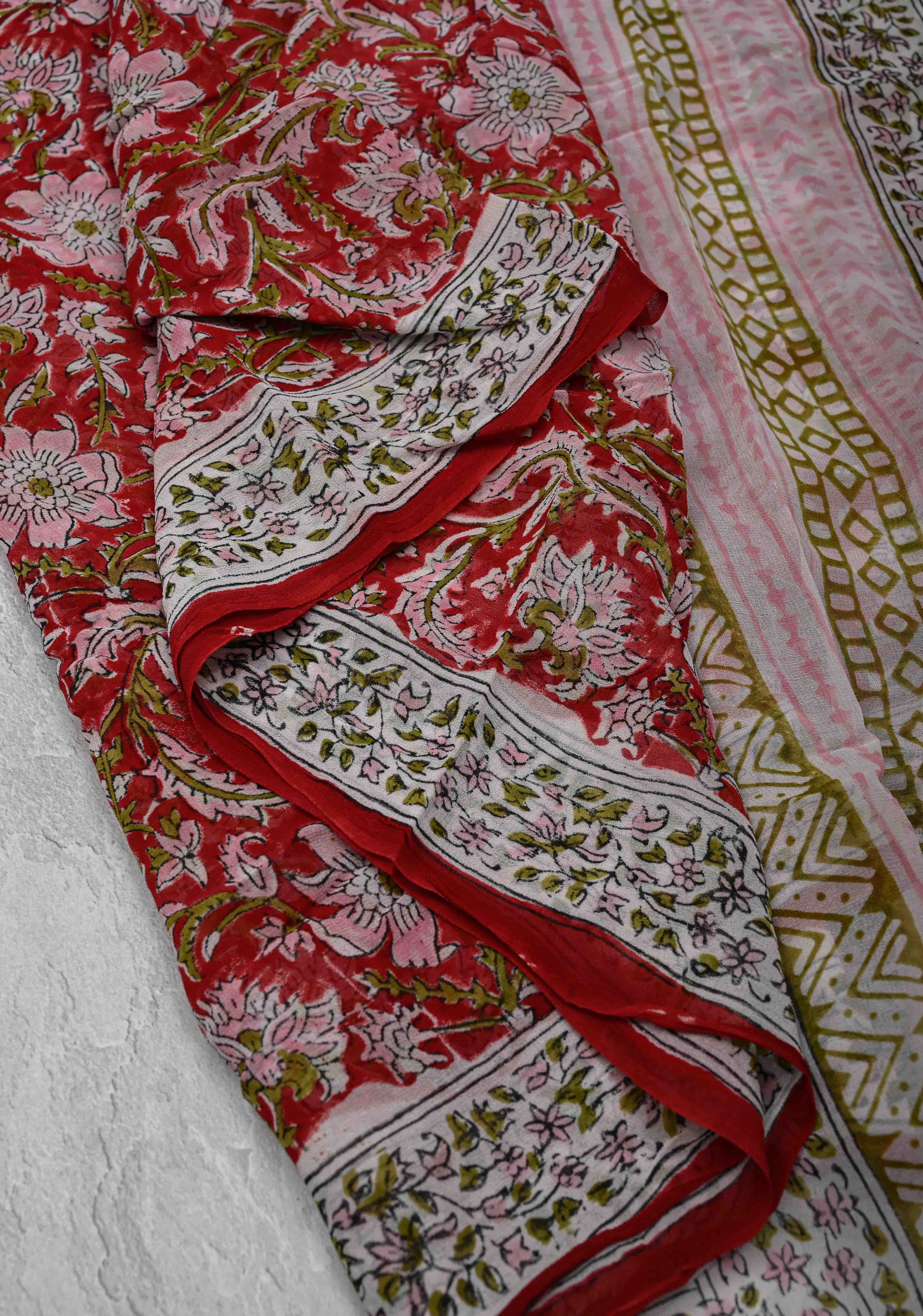 Red Georgette Saree with Sanganeri Hand Block Print | Shobitam