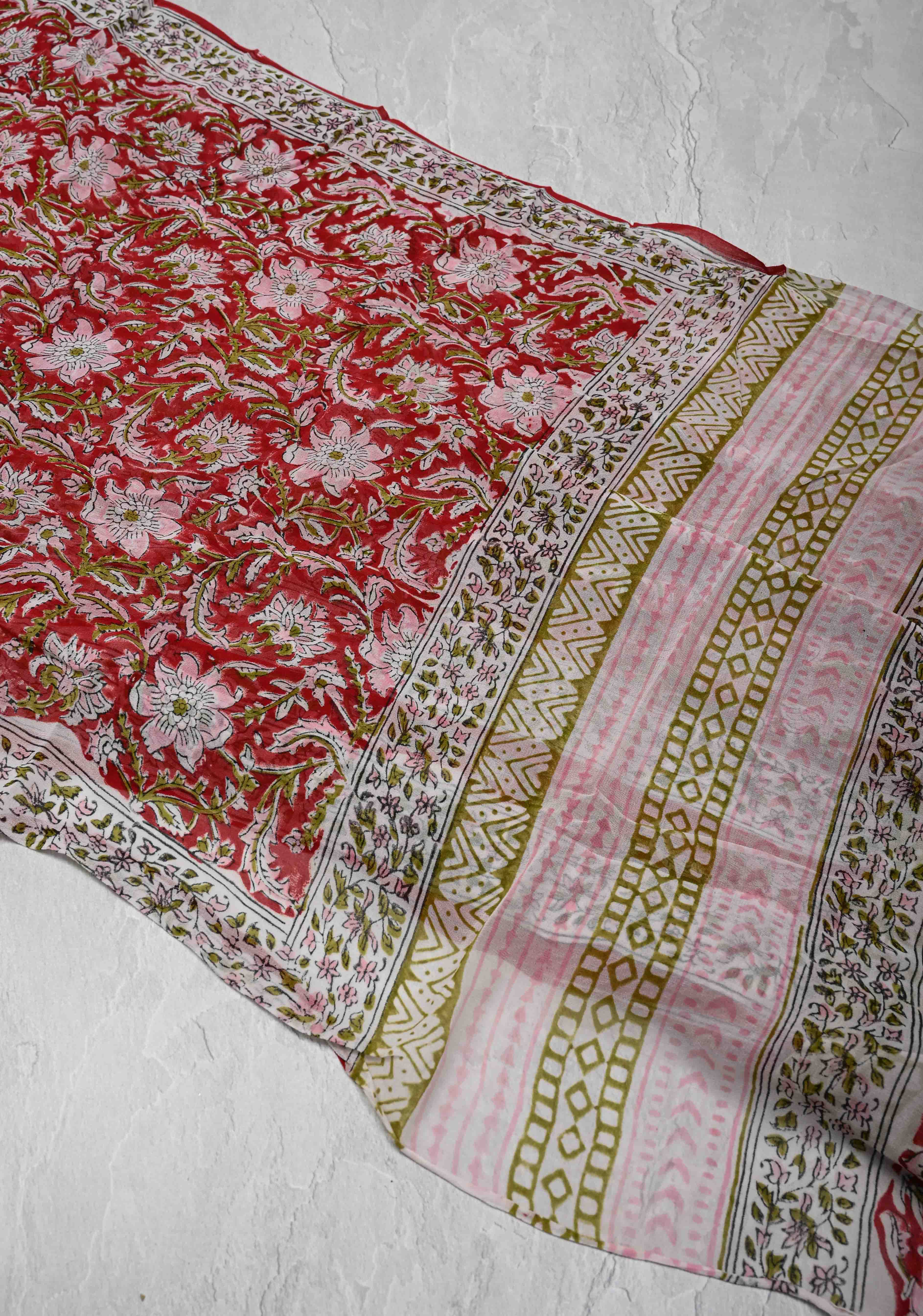 Red Georgette Saree with Sanganeri Hand Block Print | Shobitam