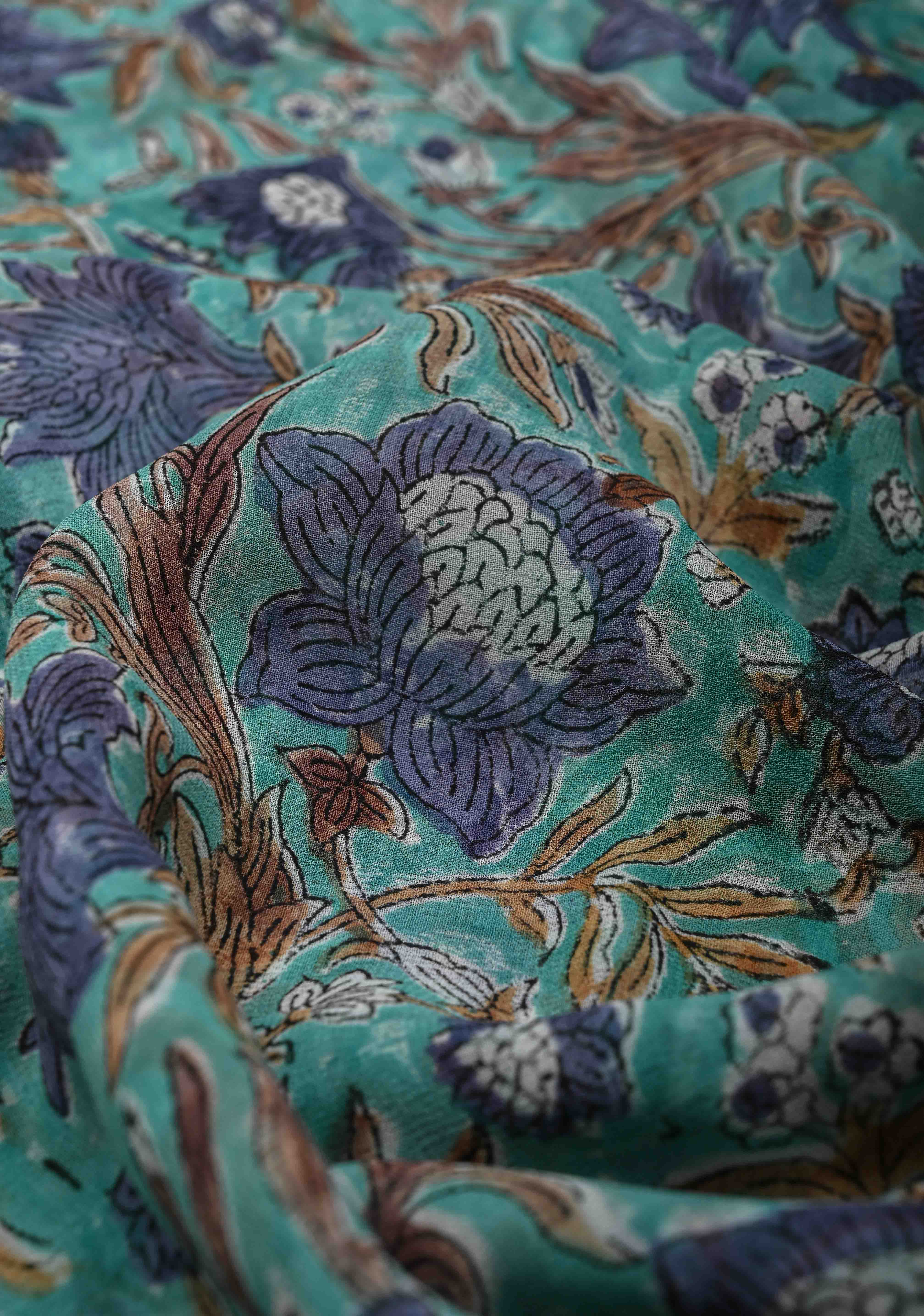 Teal Blue Georgette Saree with Sanganeri Hand Block Print | Shobitam