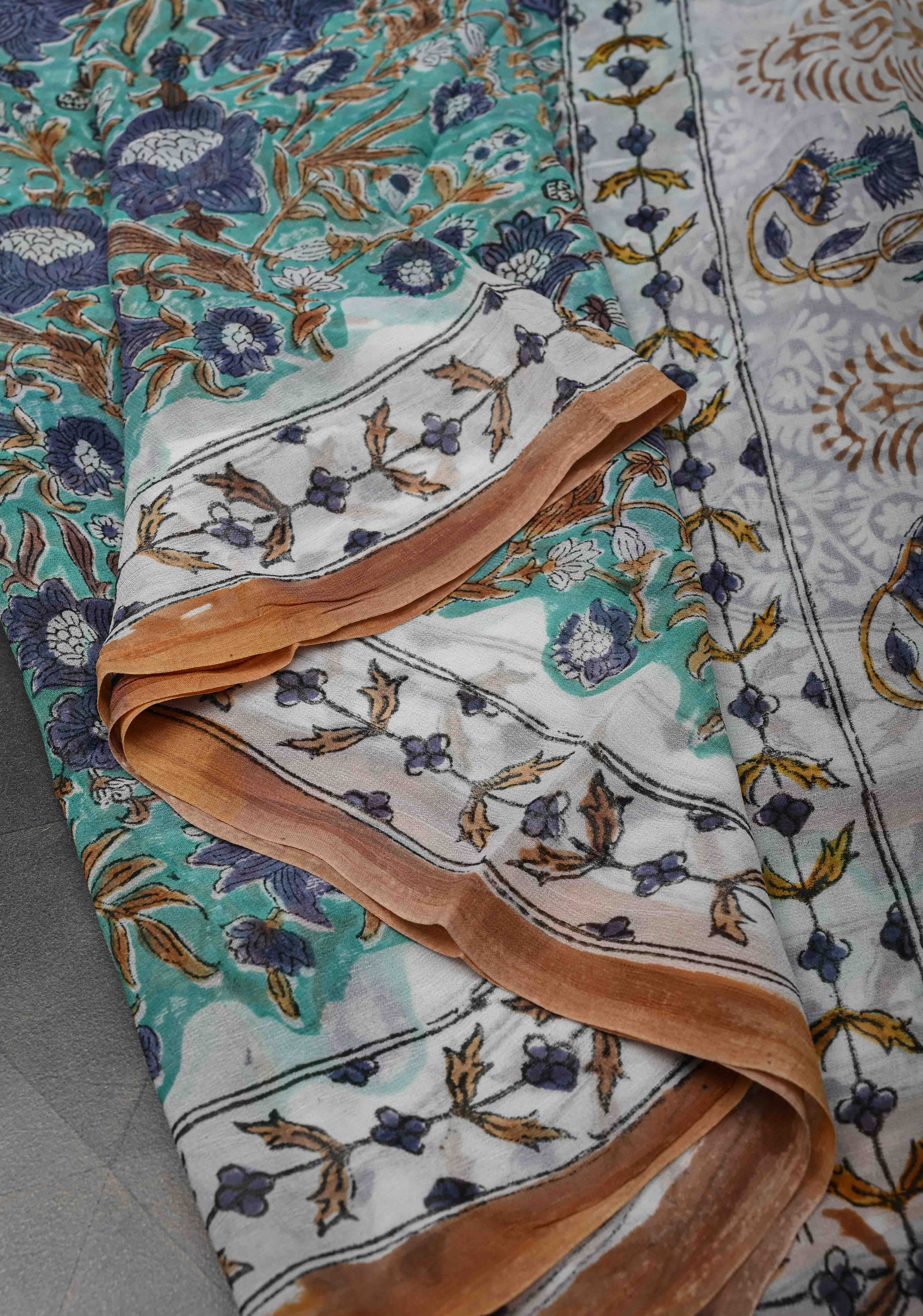 Teal Blue Georgette Saree with Sanganeri Hand Block Print | Shobitam