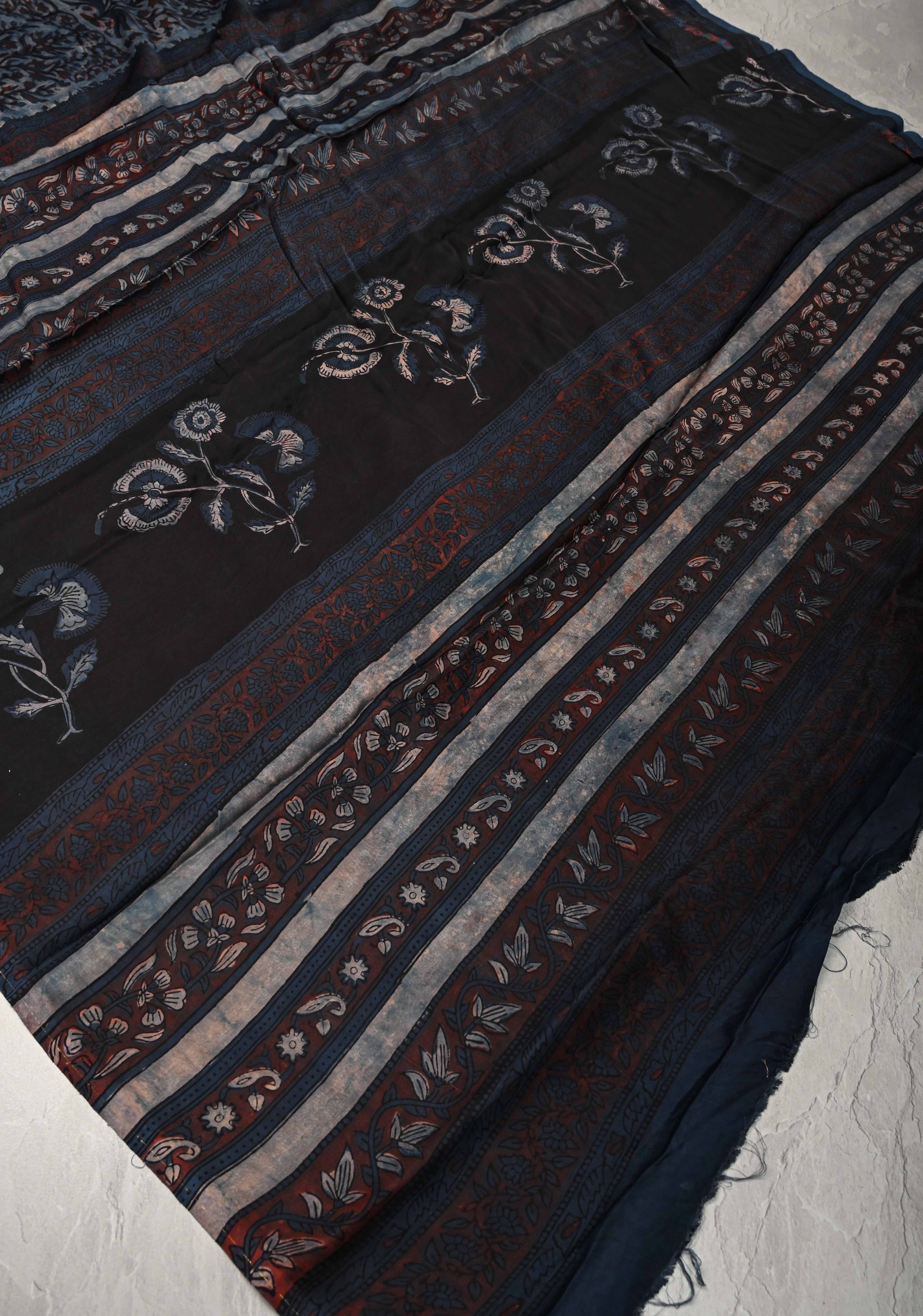 Airforce Blue Vanaspati Hand Block Print on Modal Silk Saree | Shobitam