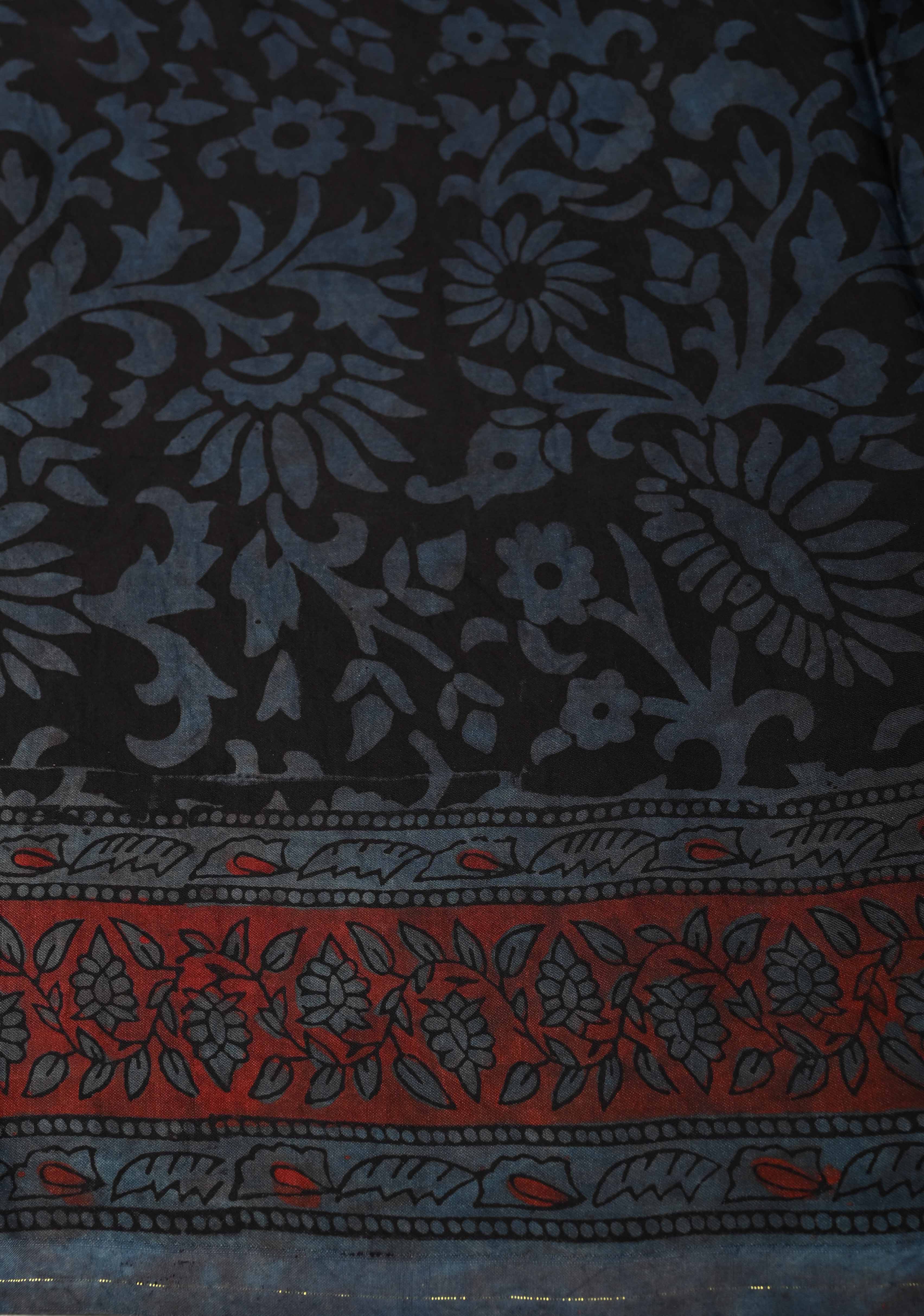 Airforce Blue Vanaspati Hand Block Print on Modal Silk Saree | Shobitam