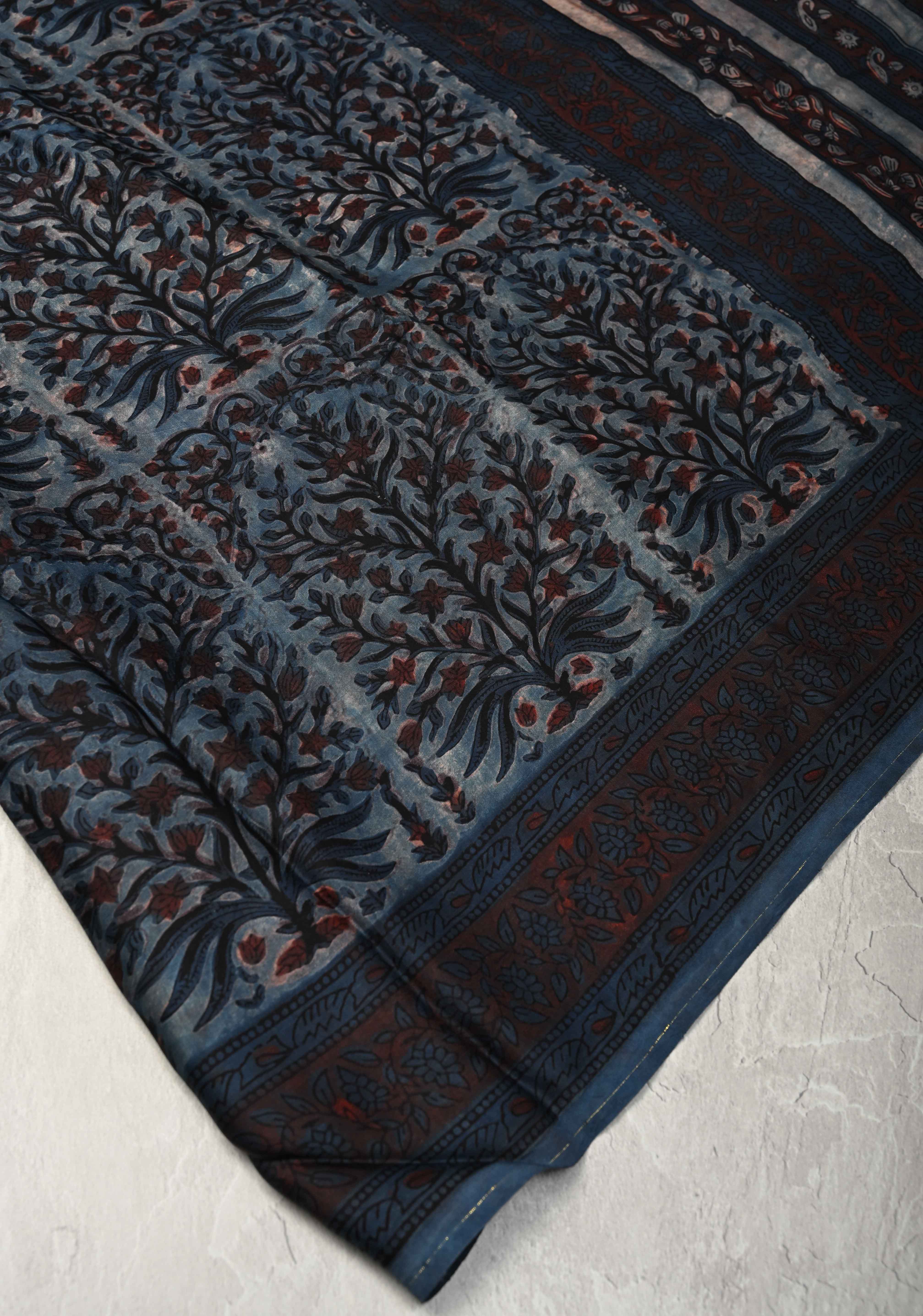 Airforce Blue Vanaspati Hand Block Print on Modal Silk Saree | Shobitam