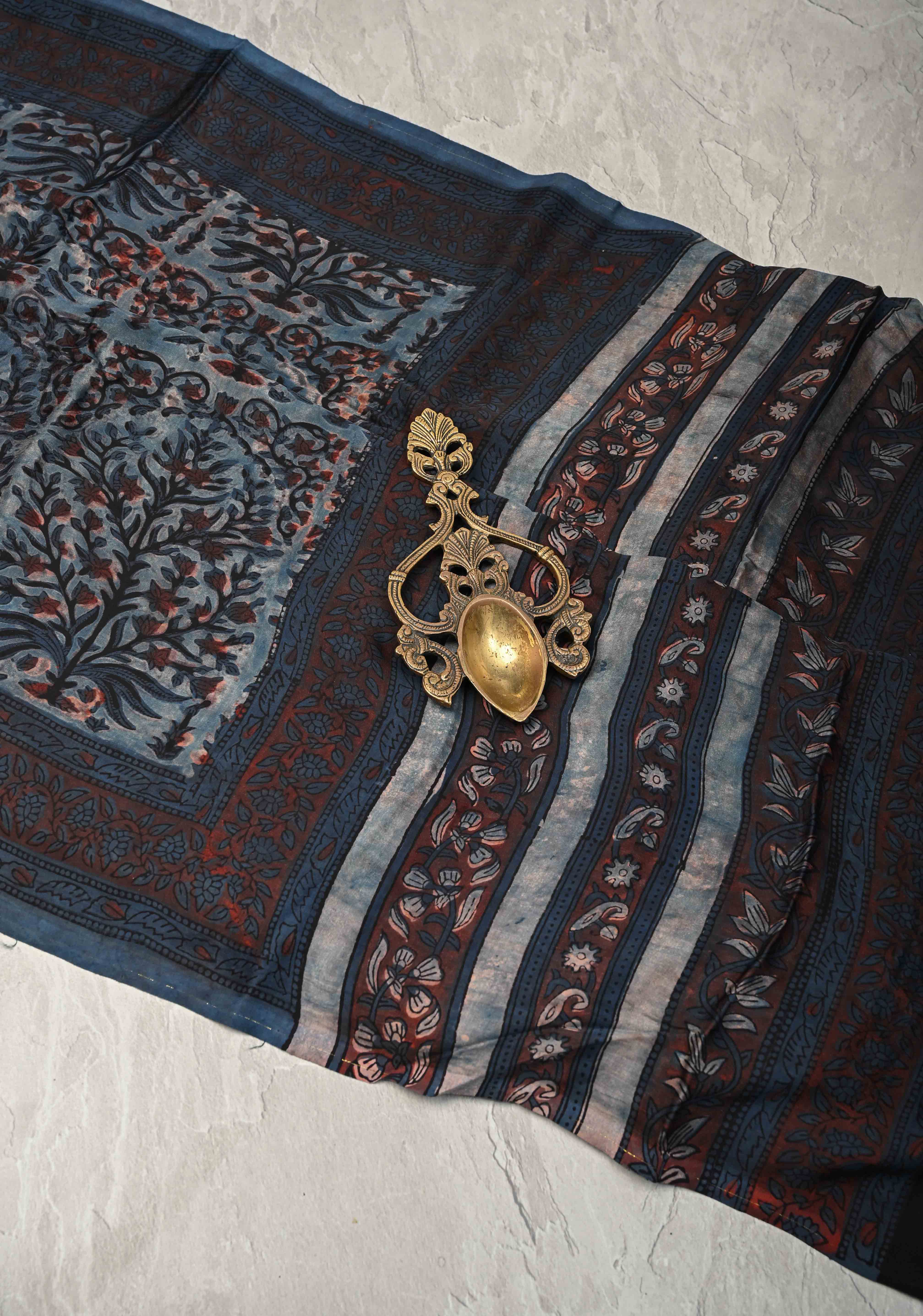 Airforce Blue Vanaspati Hand Block Print on Modal Silk Saree | Shobitam