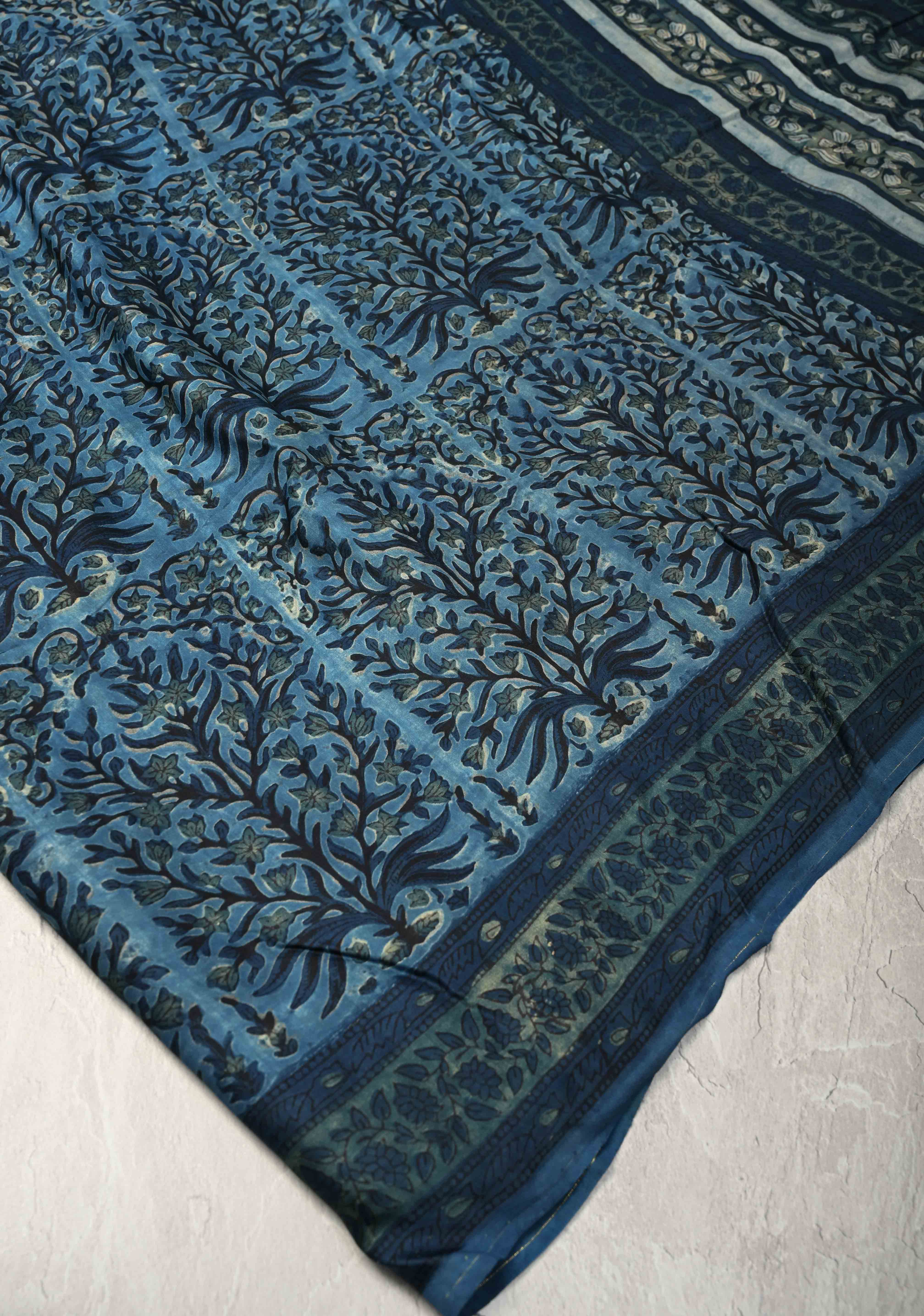 Carolina Blue Vanaspati Hand Block Print on Modal Silk Saree | Shobitam