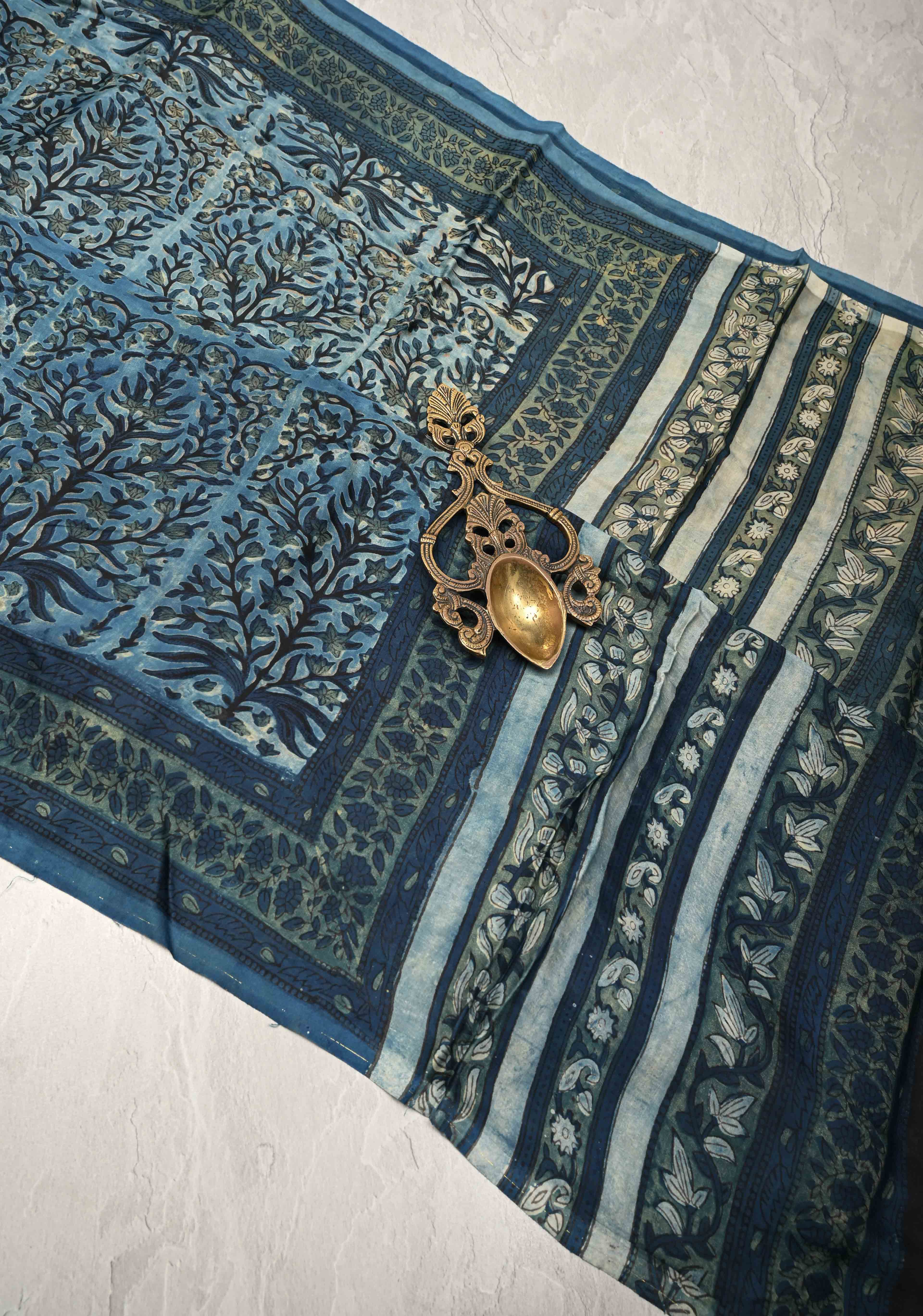 Carolina Blue Vanaspati Hand Block Print on Modal Silk Saree | Shobitam