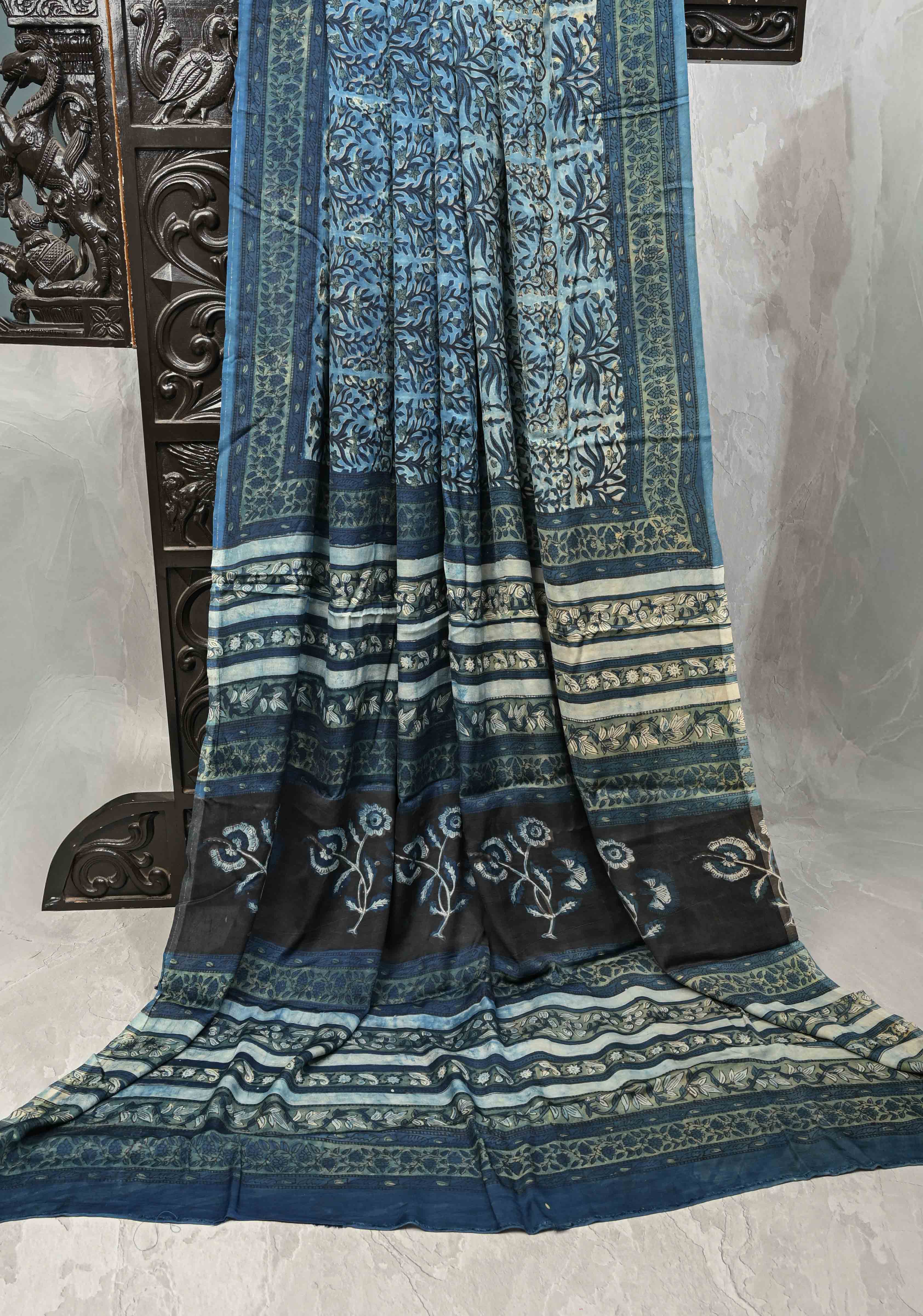 Carolina Blue Vanaspati Hand Block Print on Modal Silk Saree | Shobitam
