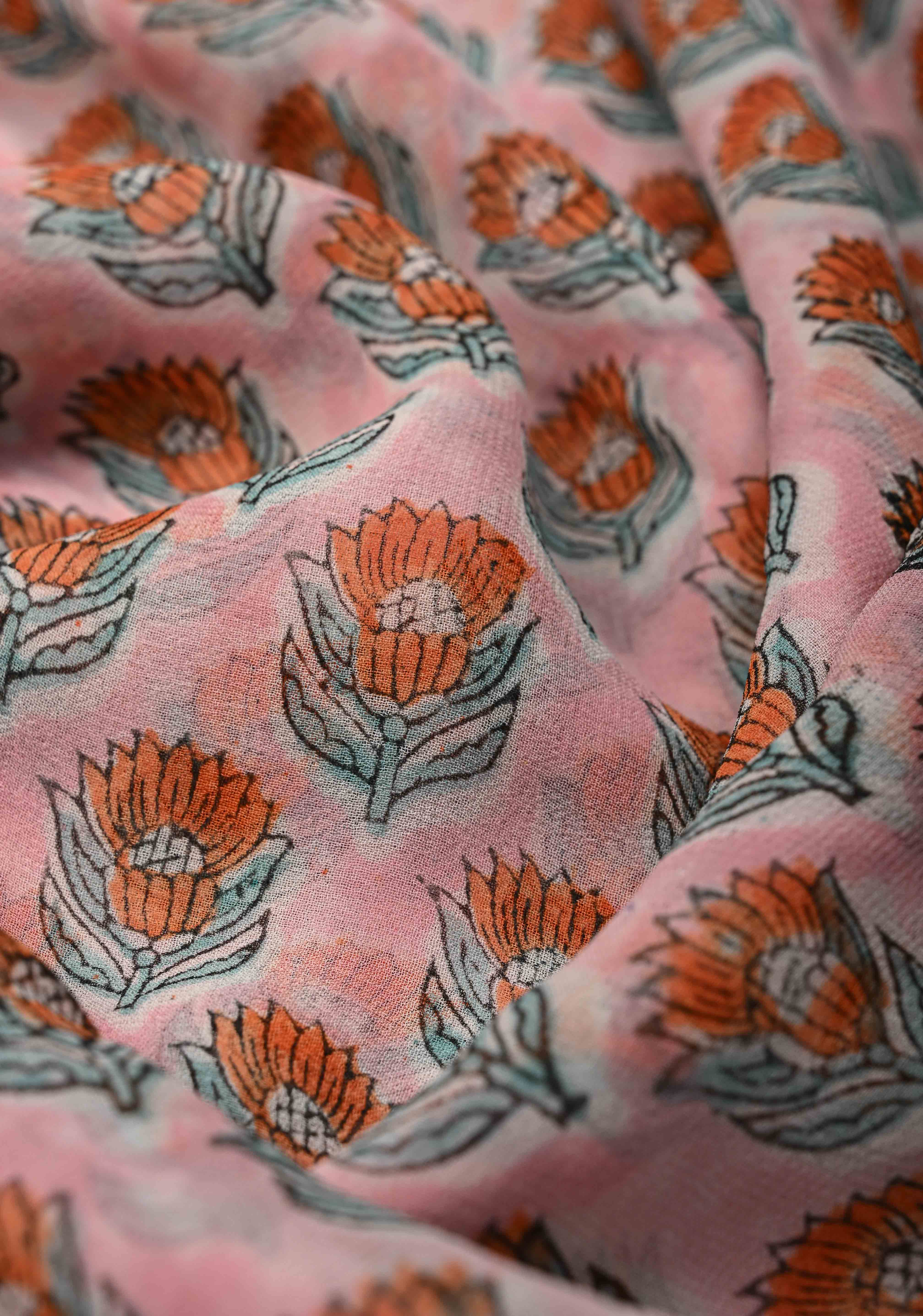 Baby Pink Georgette Saree with Sanganeri Hand Block Print | Shobitam